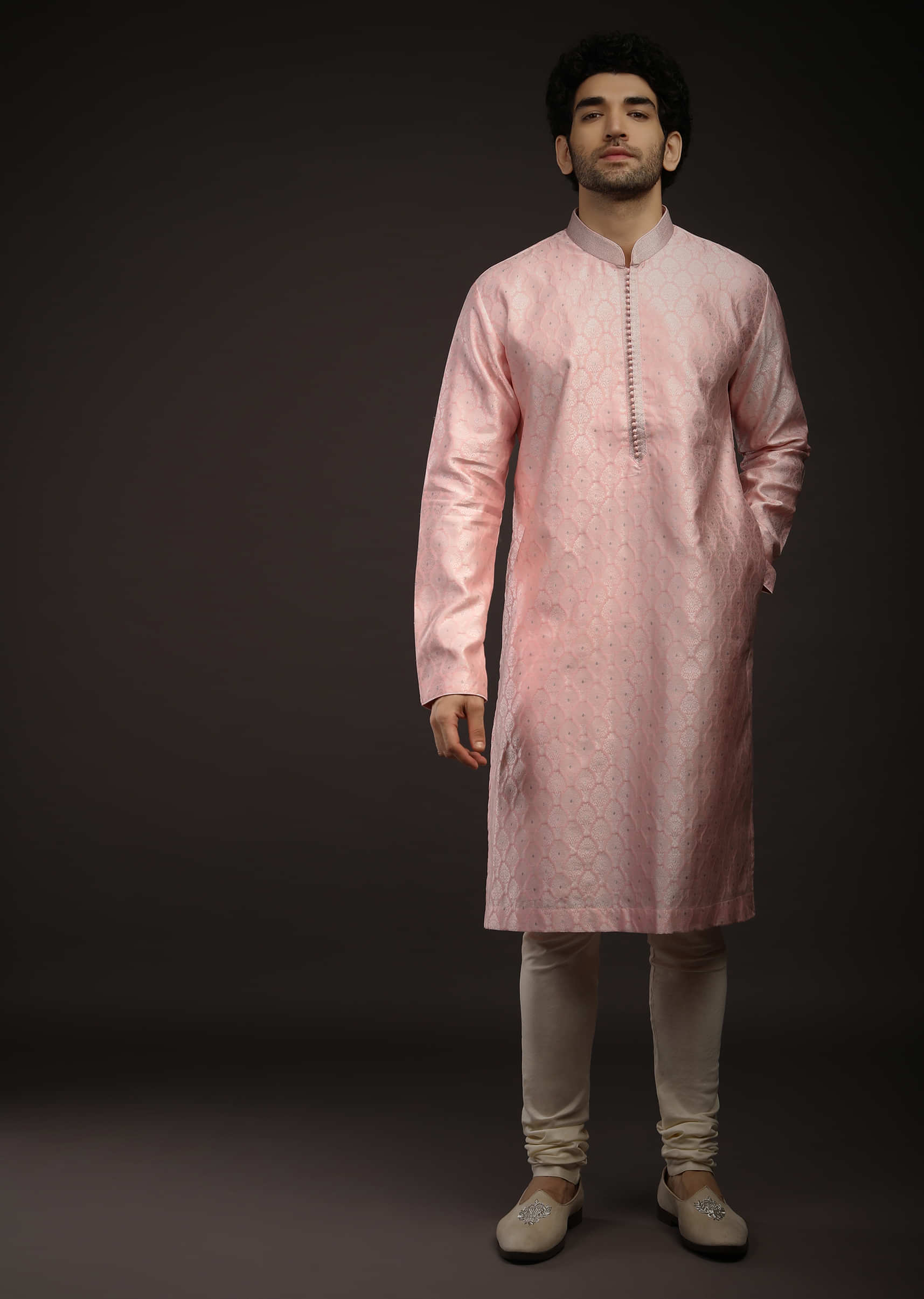 Rose Pink Kurta Set In Brocade Silk With Woven Design All Over And Zari Work On The Placket