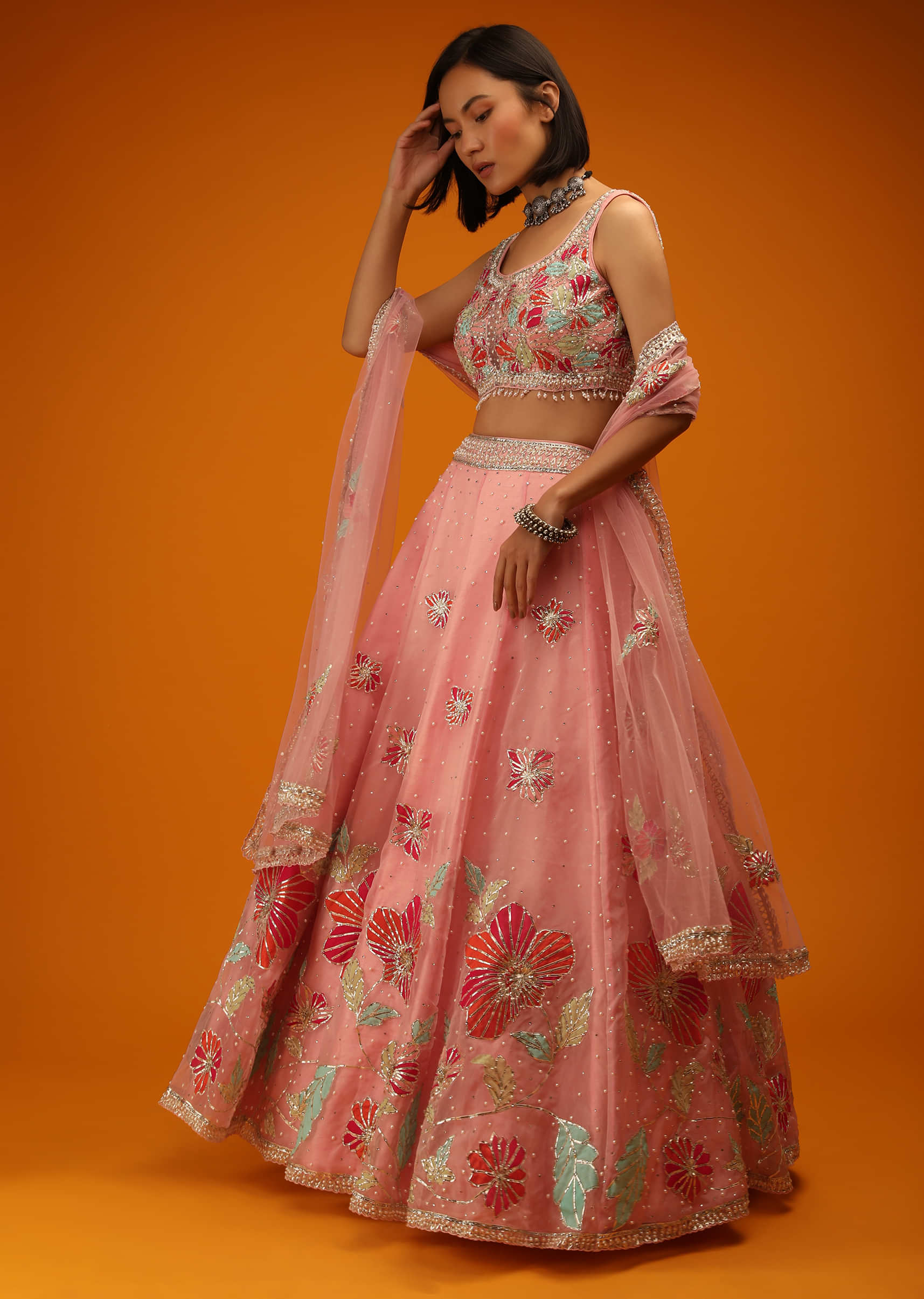 Rose Pink Lehenga Choli In Organza With Multi Colored Floral Applique Embroidery And Moti Accents