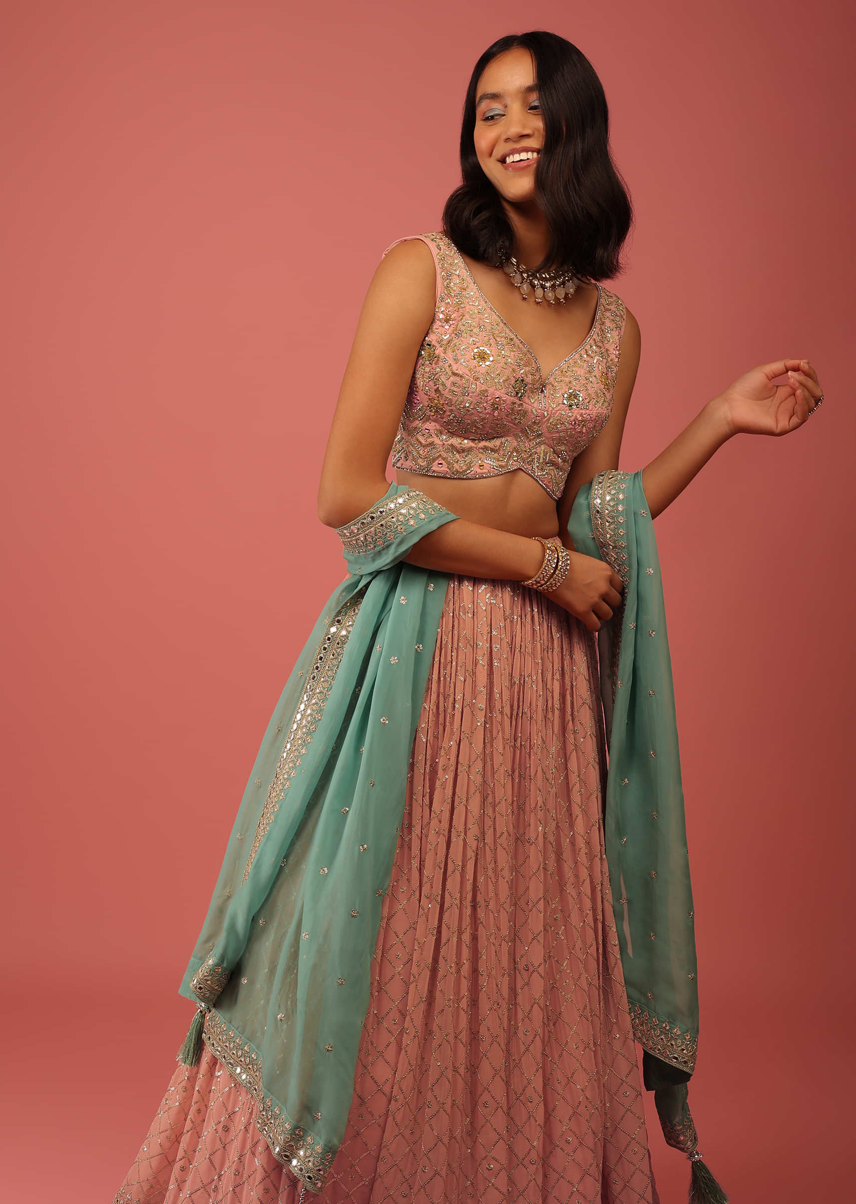Rose Pink Lehenga Choli With multicolor Resham Border And Sequin Mesh Jaal