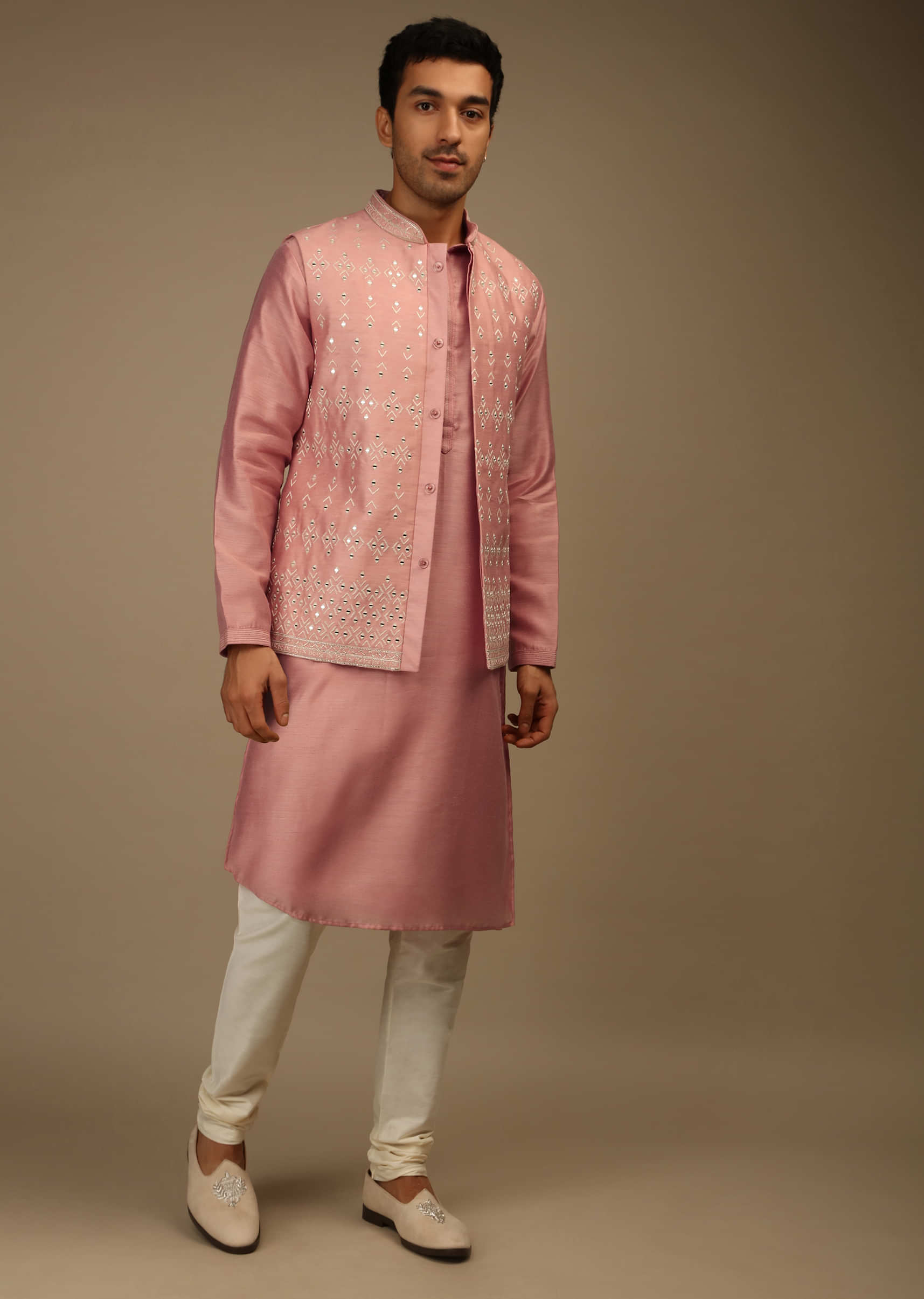 Rose Pink Nehru Jacket And Kurta Set In Tussar Silk With Resham And Sequins Abla Embroidered Geometric Design