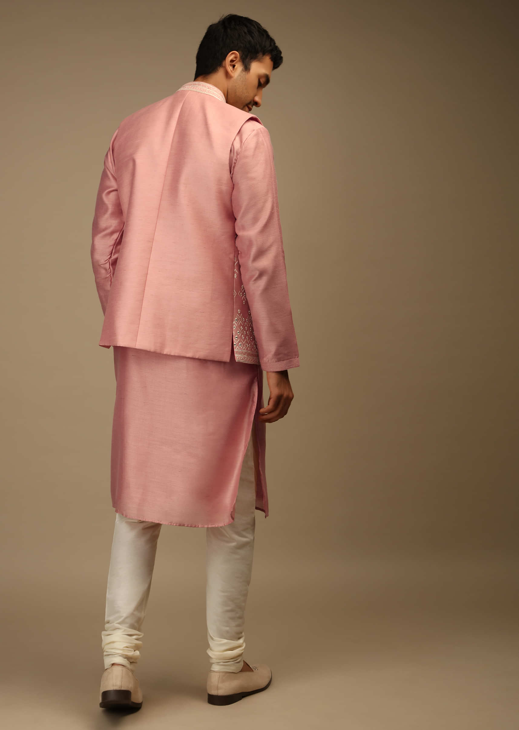 Rose Pink Nehru Jacket And Kurta Set In Tussar Silk With Resham And Sequins Abla Embroidered Geometric Design