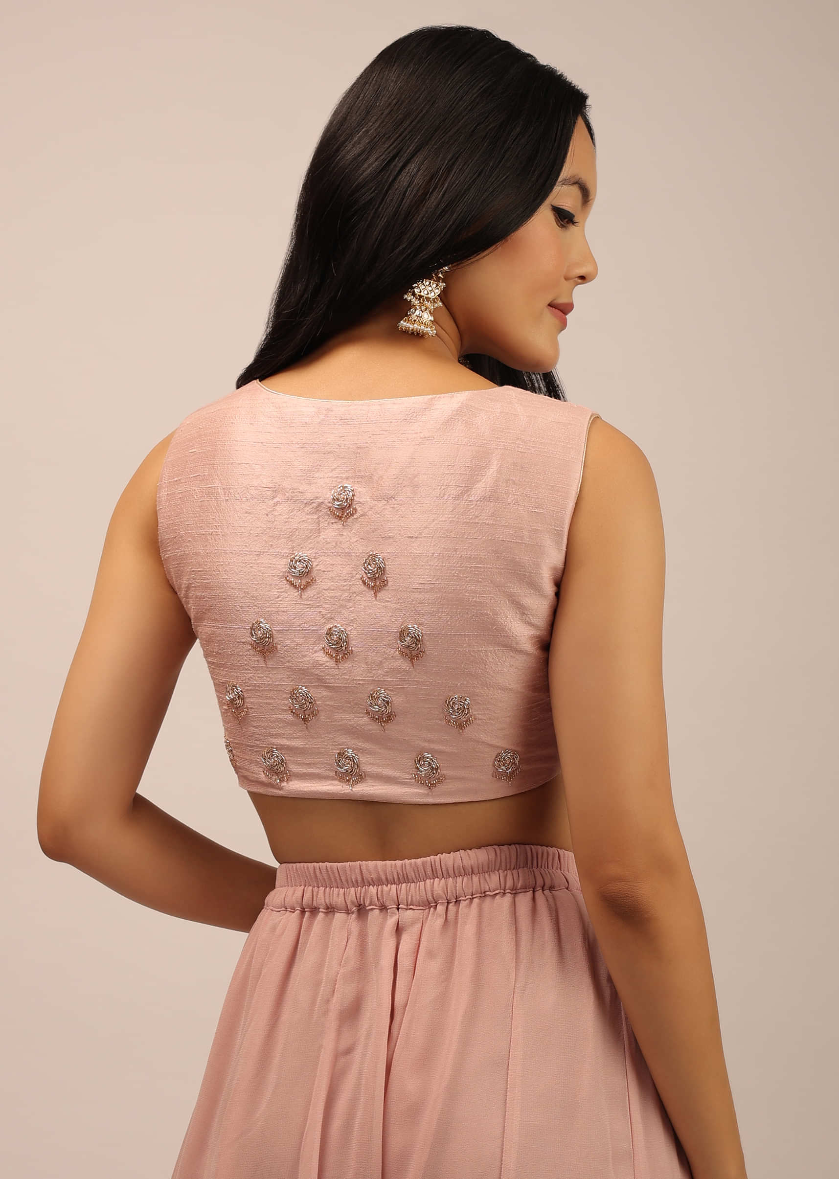 Rose Pink Padded Blouse With Overlapping Design Adorned In zardosi Work In Floral Pattern 