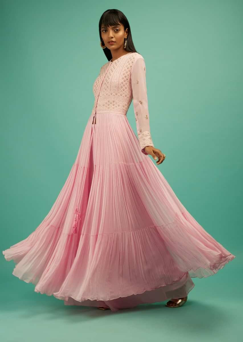 Rose Pink Palazzo And Anarkali Suit In Georgette With Front Slit And Lucknowi Embroidery  