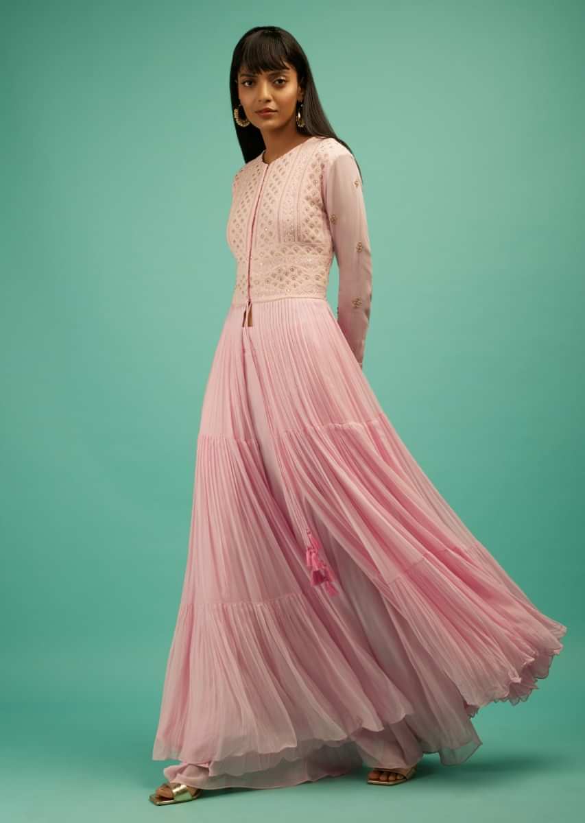 Rose Pink Palazzo And Anarkali Suit In Georgette With Front Slit And Lucknowi Embroidery  