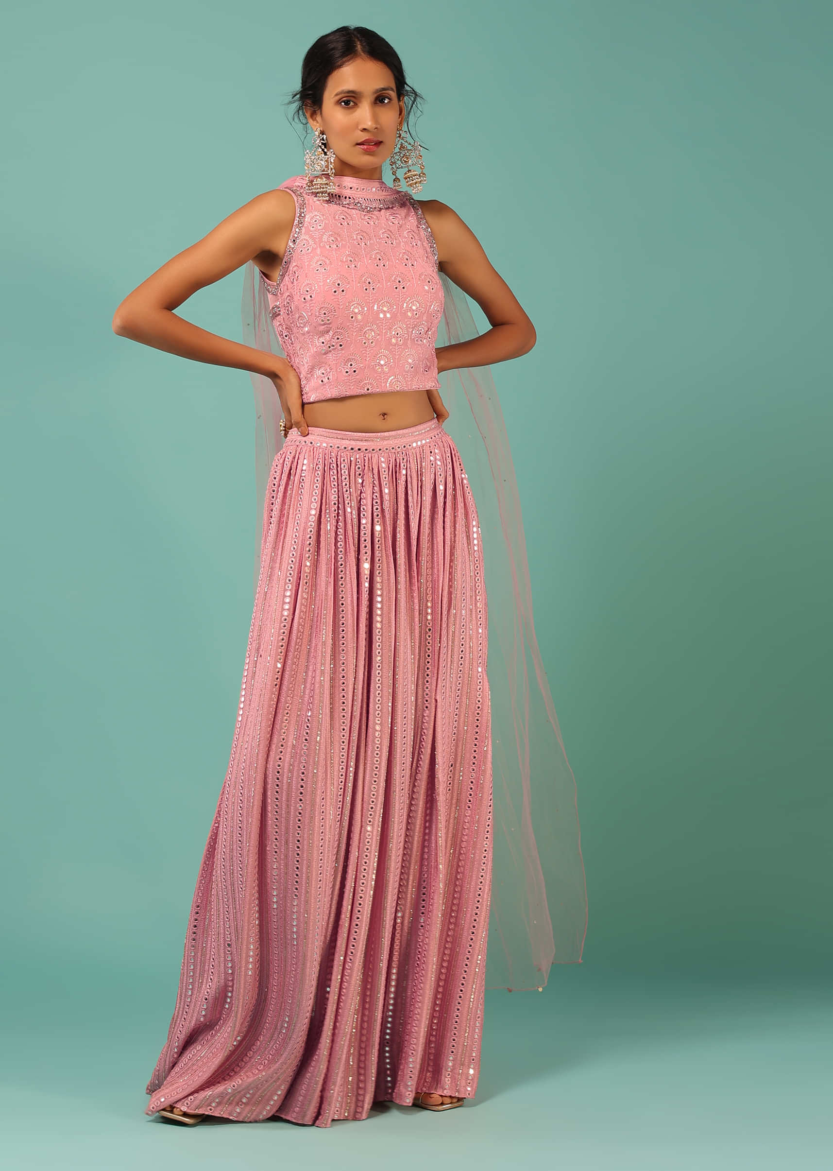 Rose Pink Palazzo And Crop Top Suit With Lucknowi Thread And Mirror Embroidery Topped With A Choker Dupatta