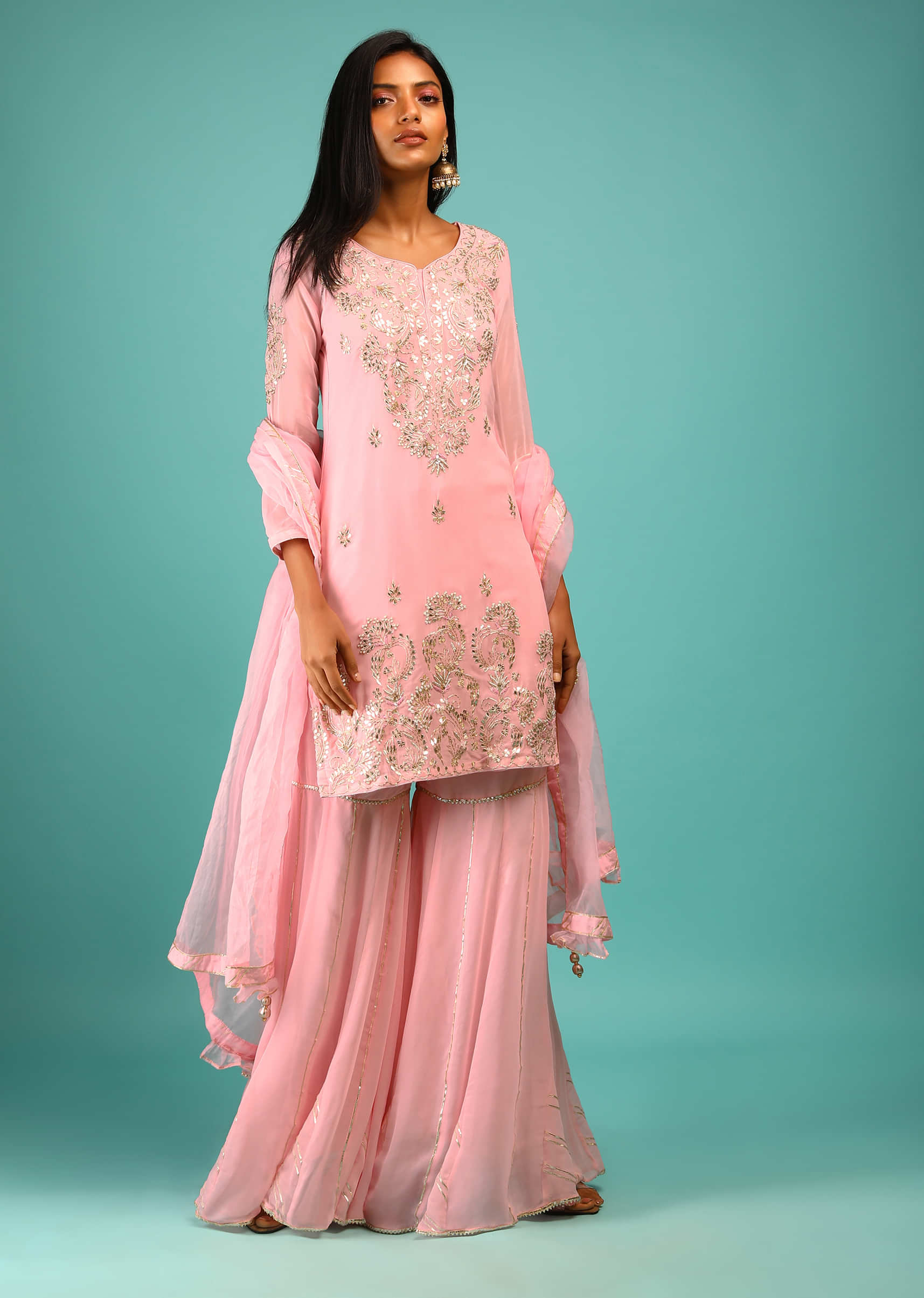 Rose Pink Sharara Suit In Georgette With Three Quarter Sleeves And Gotta Patti Embroidery