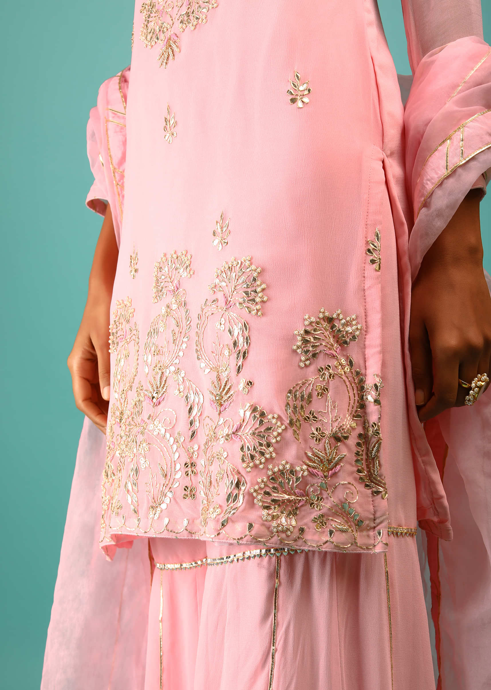 Rose Pink Sharara Suit In Georgette With Three Quarter Sleeves And Gotta Patti Embroidery