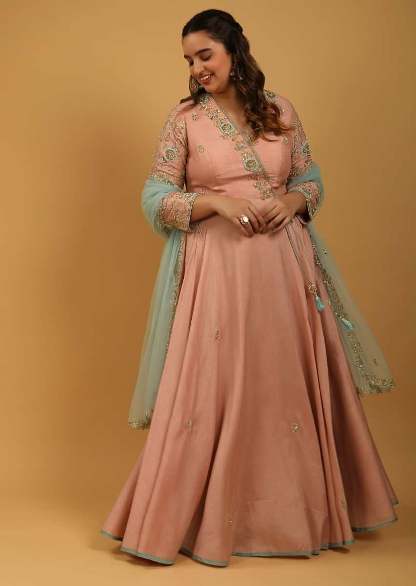Rose Pink Silk Angrakha Style Suit With Floral Hand Embroidery  