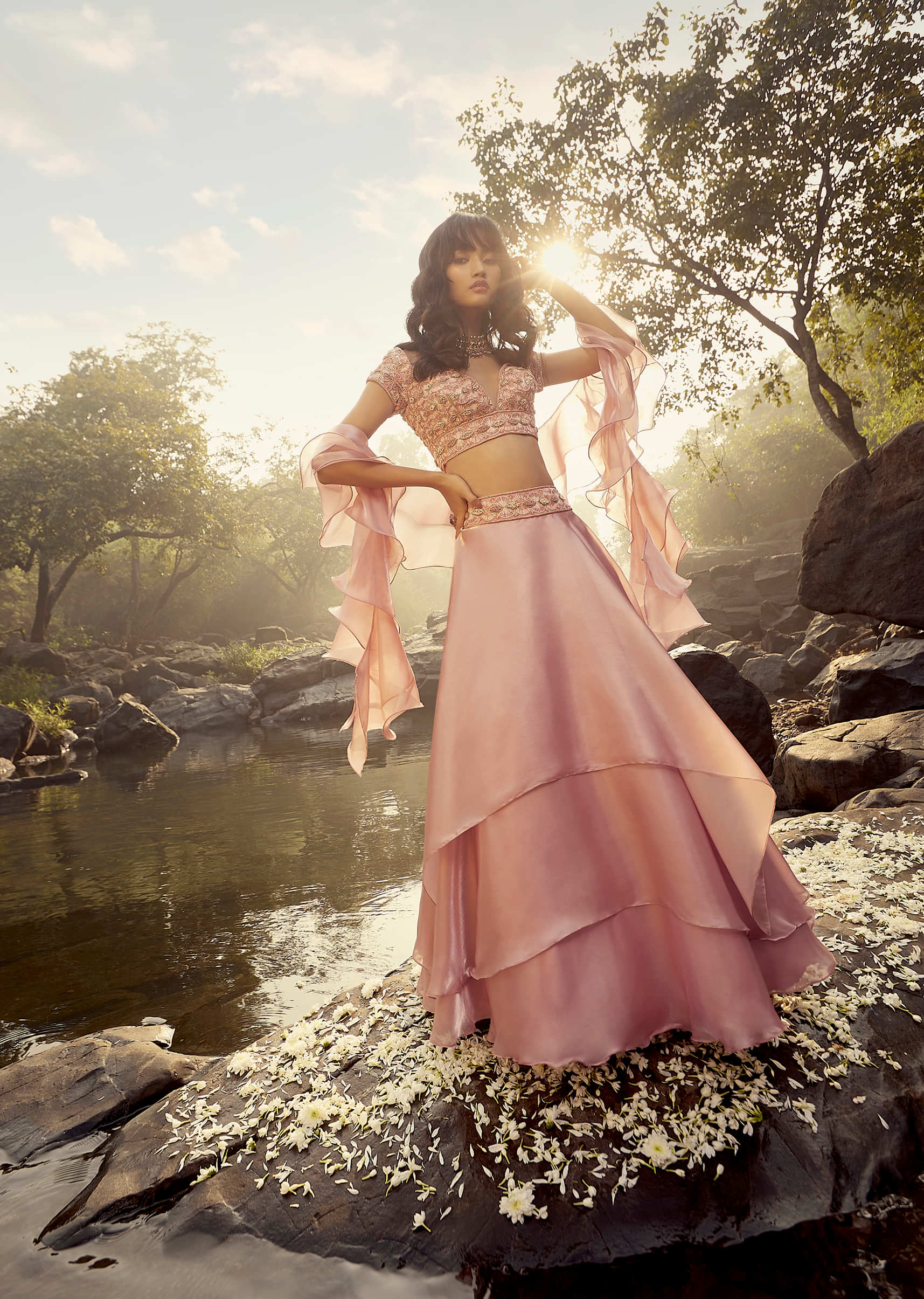 Rose Pink Skirt And Crop Top Set Designed With Asymmetric Layers, Bead Work, And Ruffle Dupatta