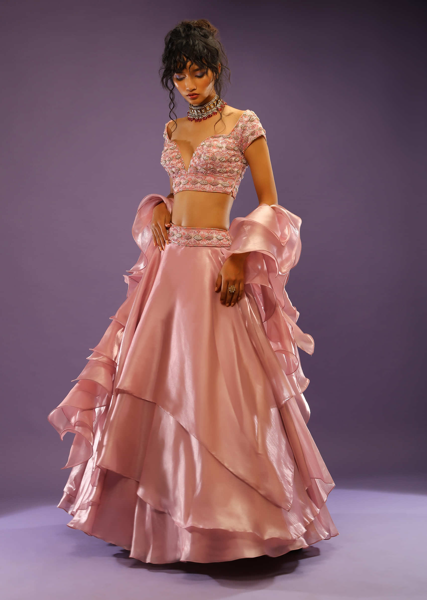 Rose Pink Skirt And Crop Top Set Designed With Asymmetric Layers, Bead Work, And Ruffle Dupatta