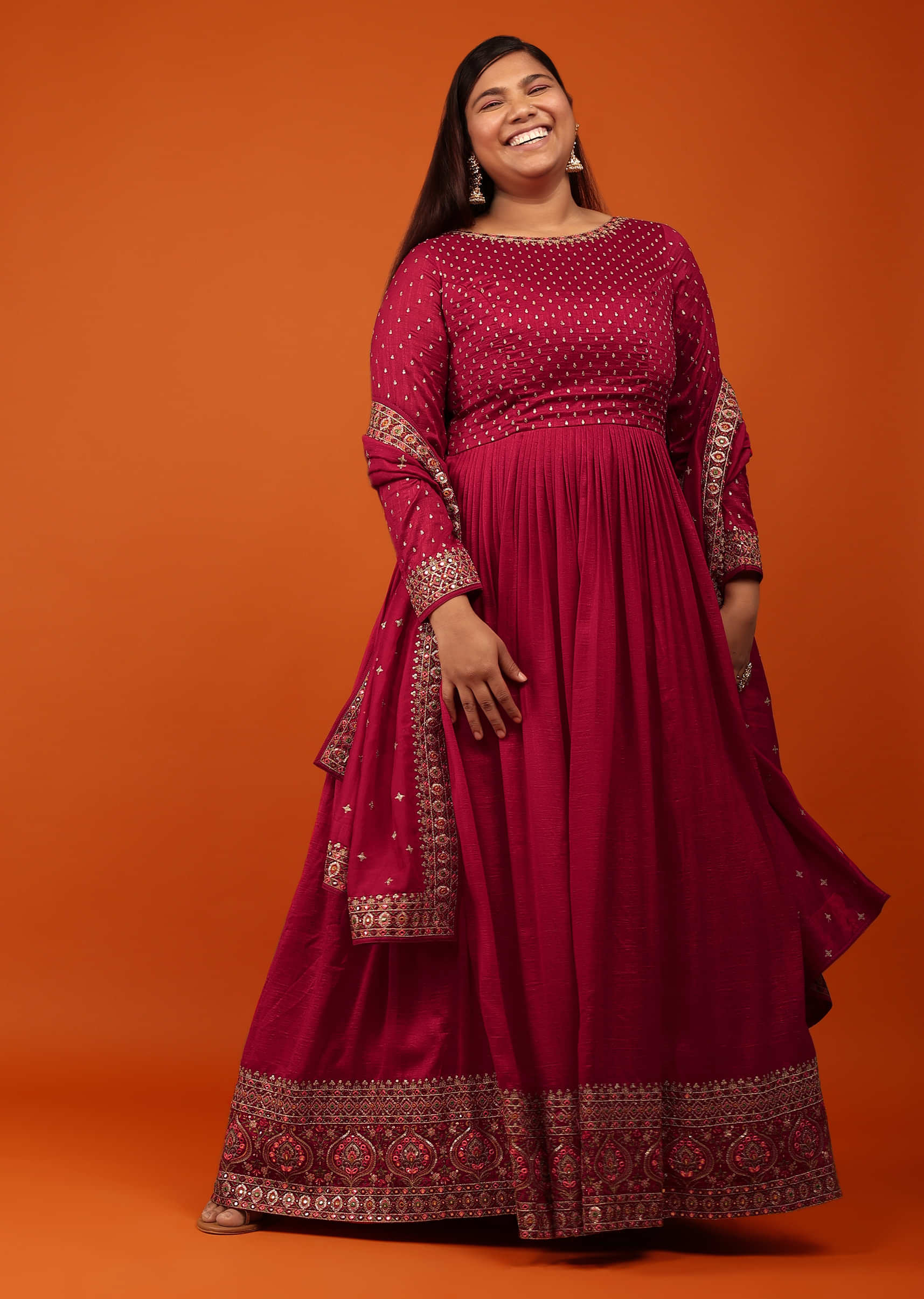 Rose Red Anarkali Suit In Georgette With Zari And Multi-Colored Resham Embroidery