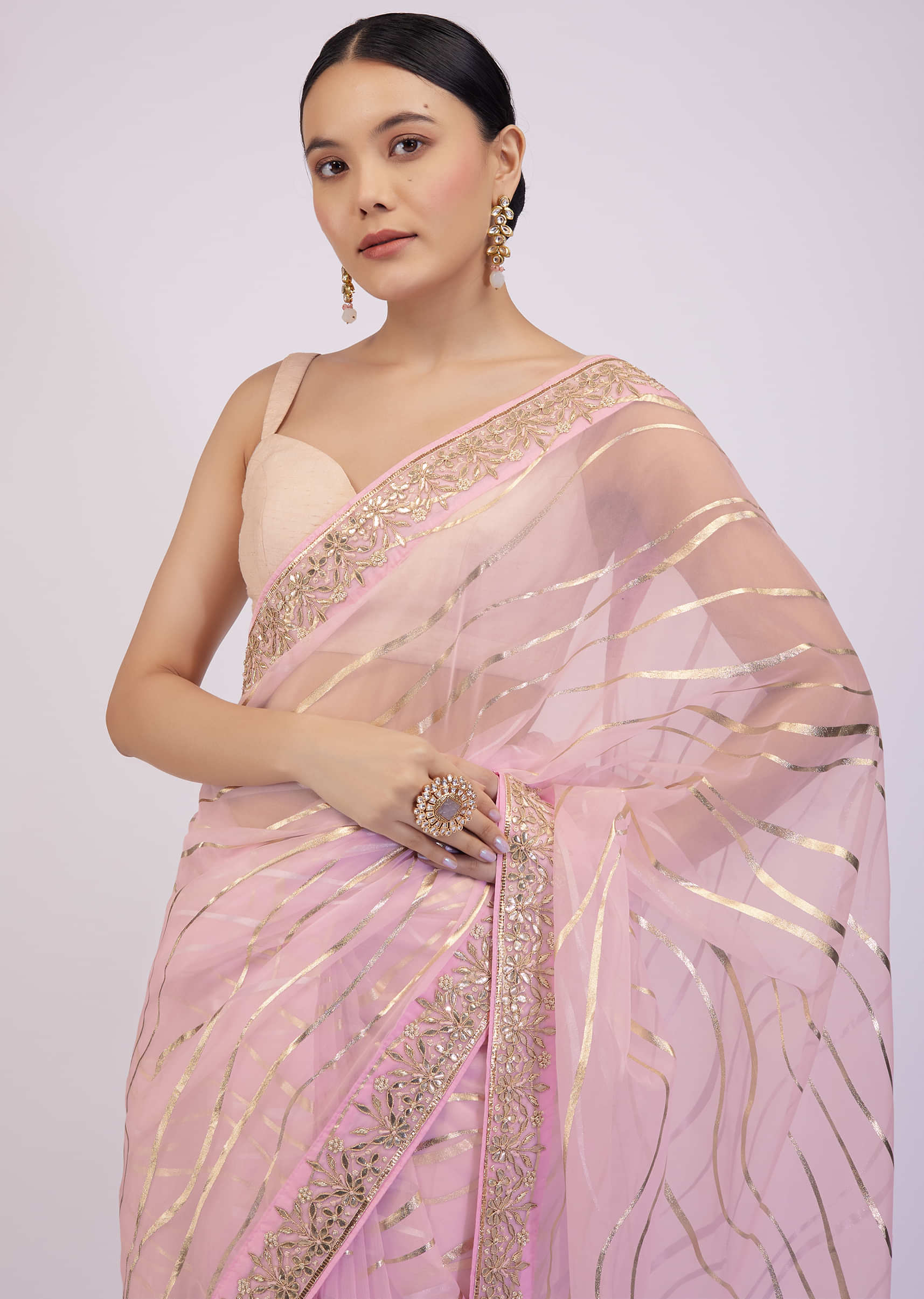 Onion Pink Saree In Organza With Foil Print And Embroidery