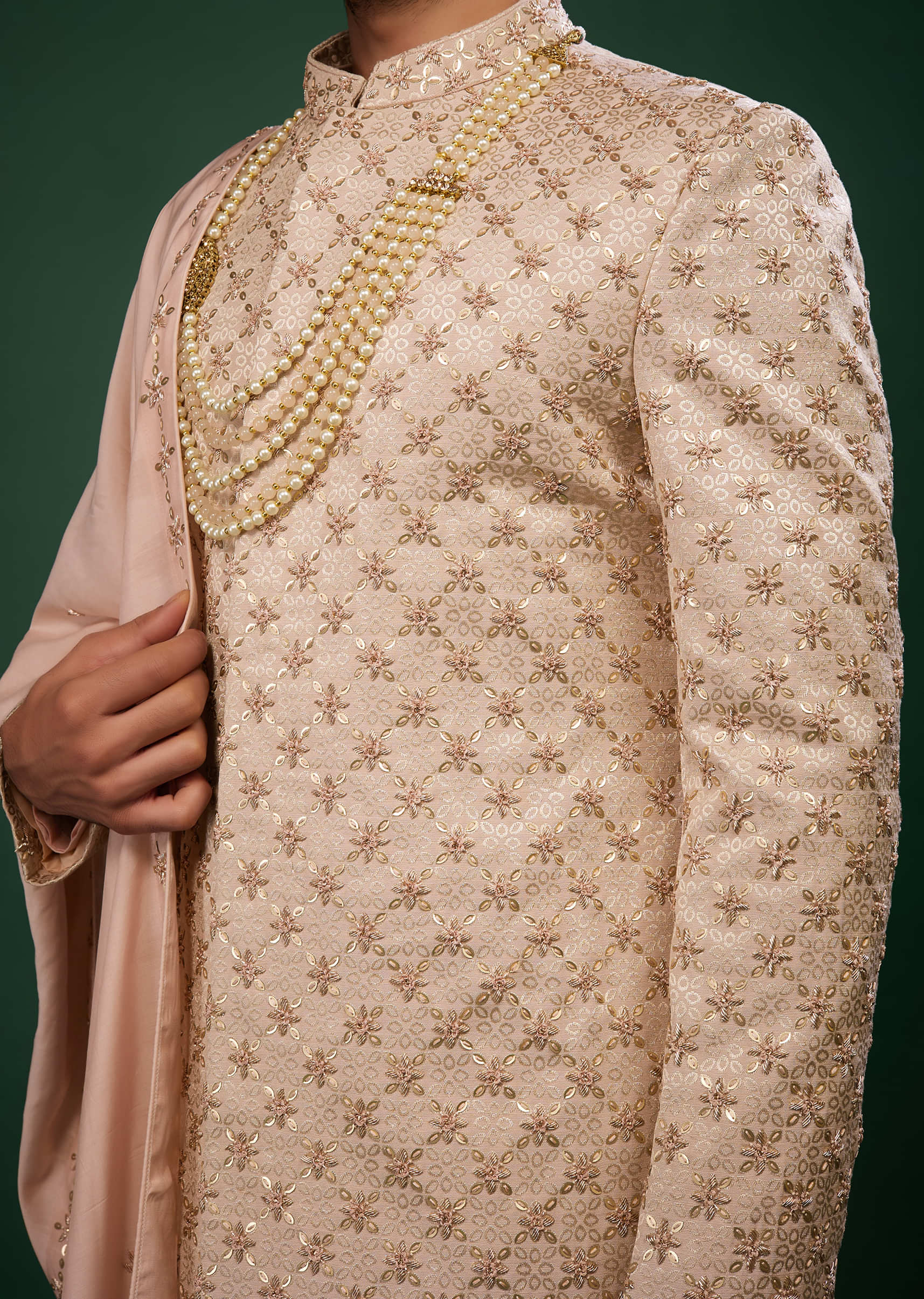 Powder Pink Raw Silk Sherwani Set With Embroidery