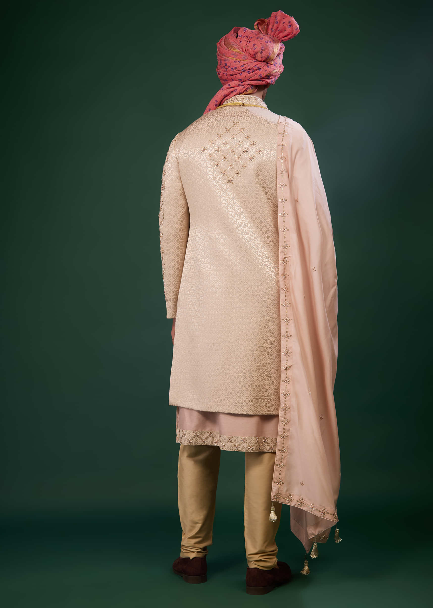 Powder Pink Raw Silk Sherwani Set With Embroidery