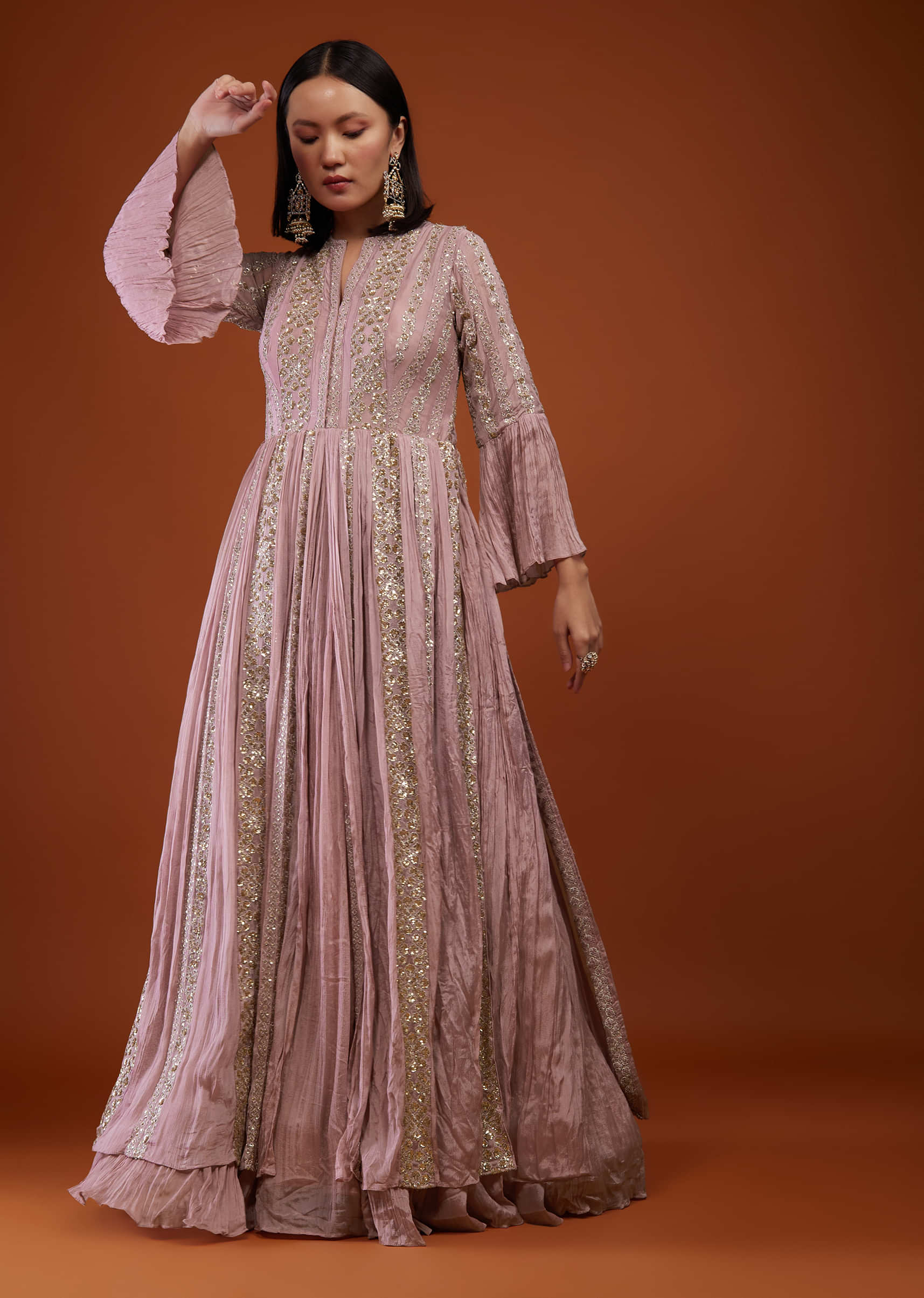 Rose Tan Pink Anarkali Suit With Embroidery