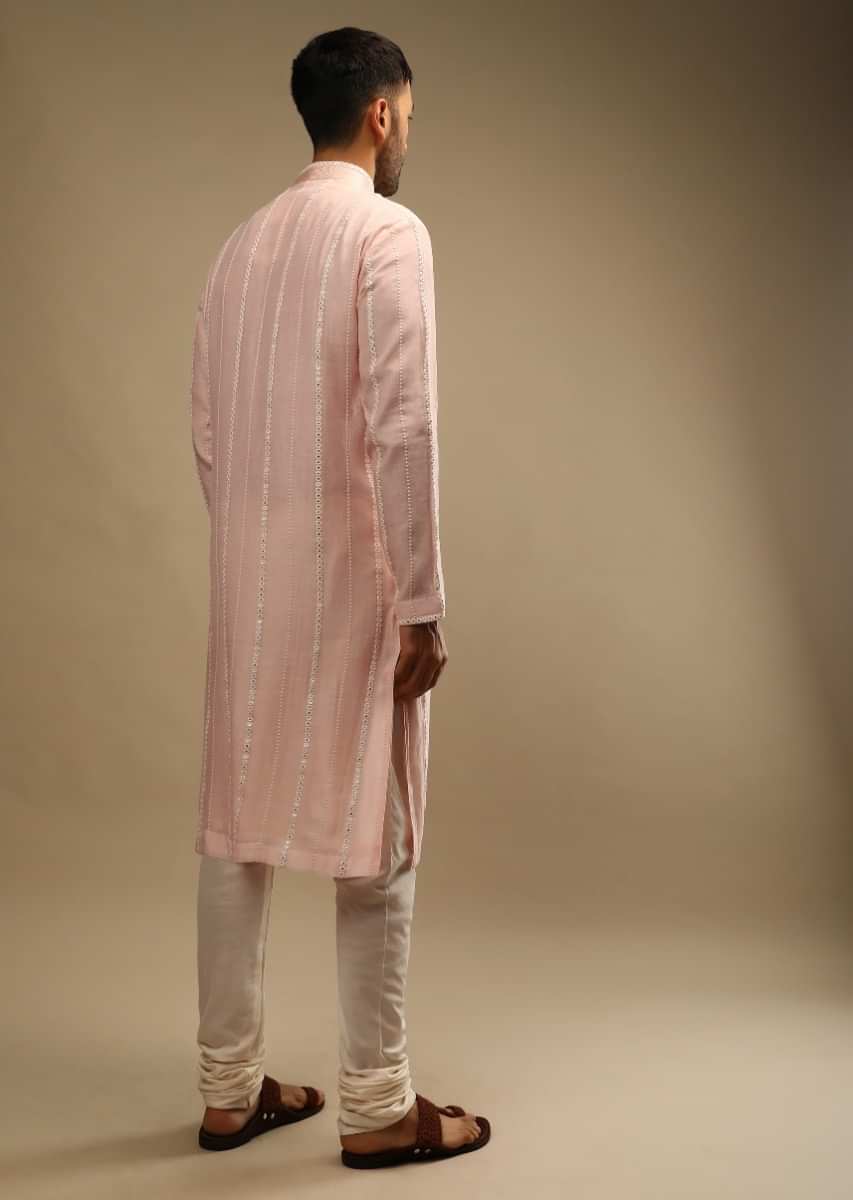 Rosewater Pink Kurta Set In Chanderi Silk With Lucknowi Thread And Abla Embroidered Striped Design  