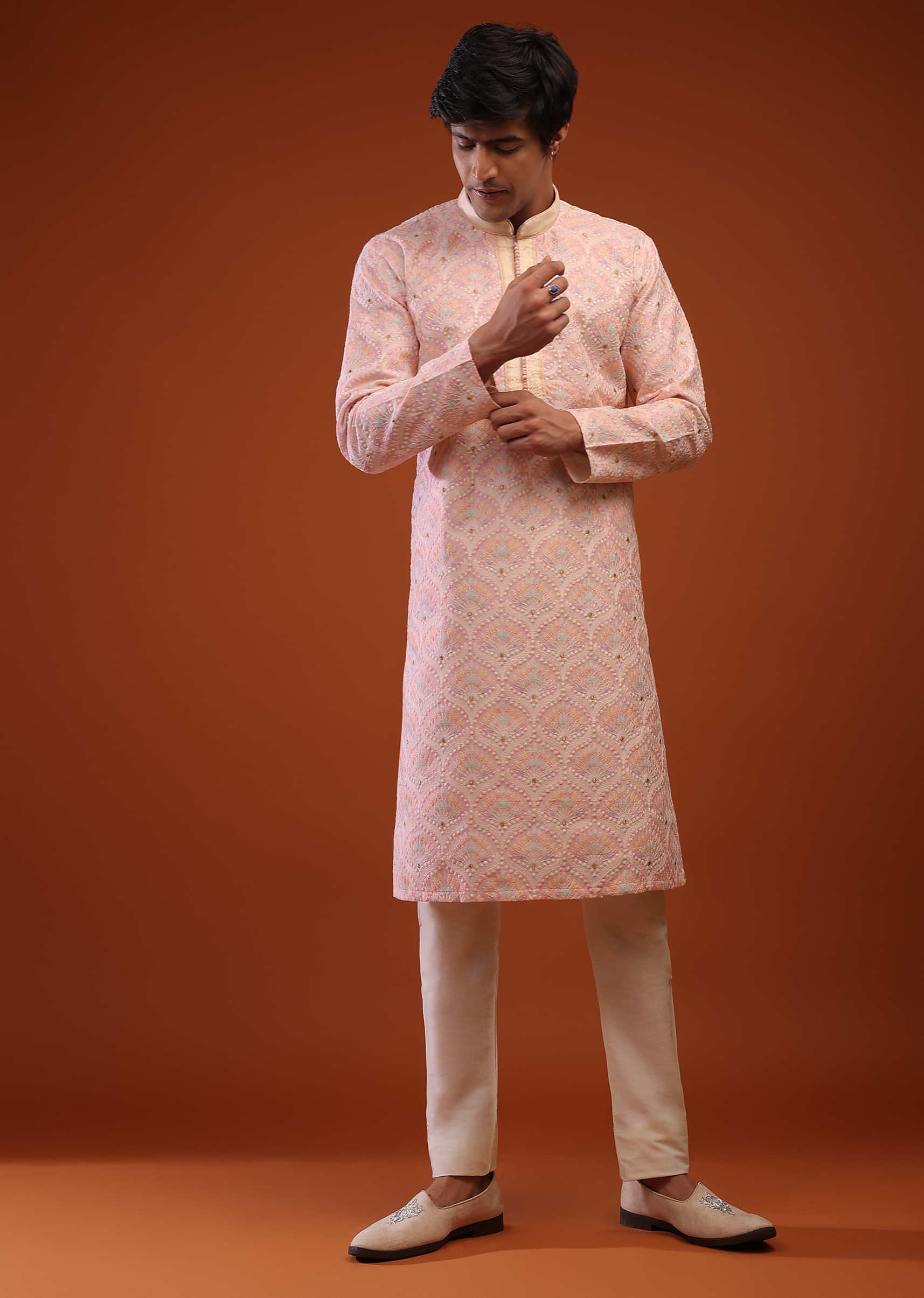 Rosewater Pink Silk Lucknowi Kurta Set In Multi-Color, Thread Work And Embroidery Buttis
