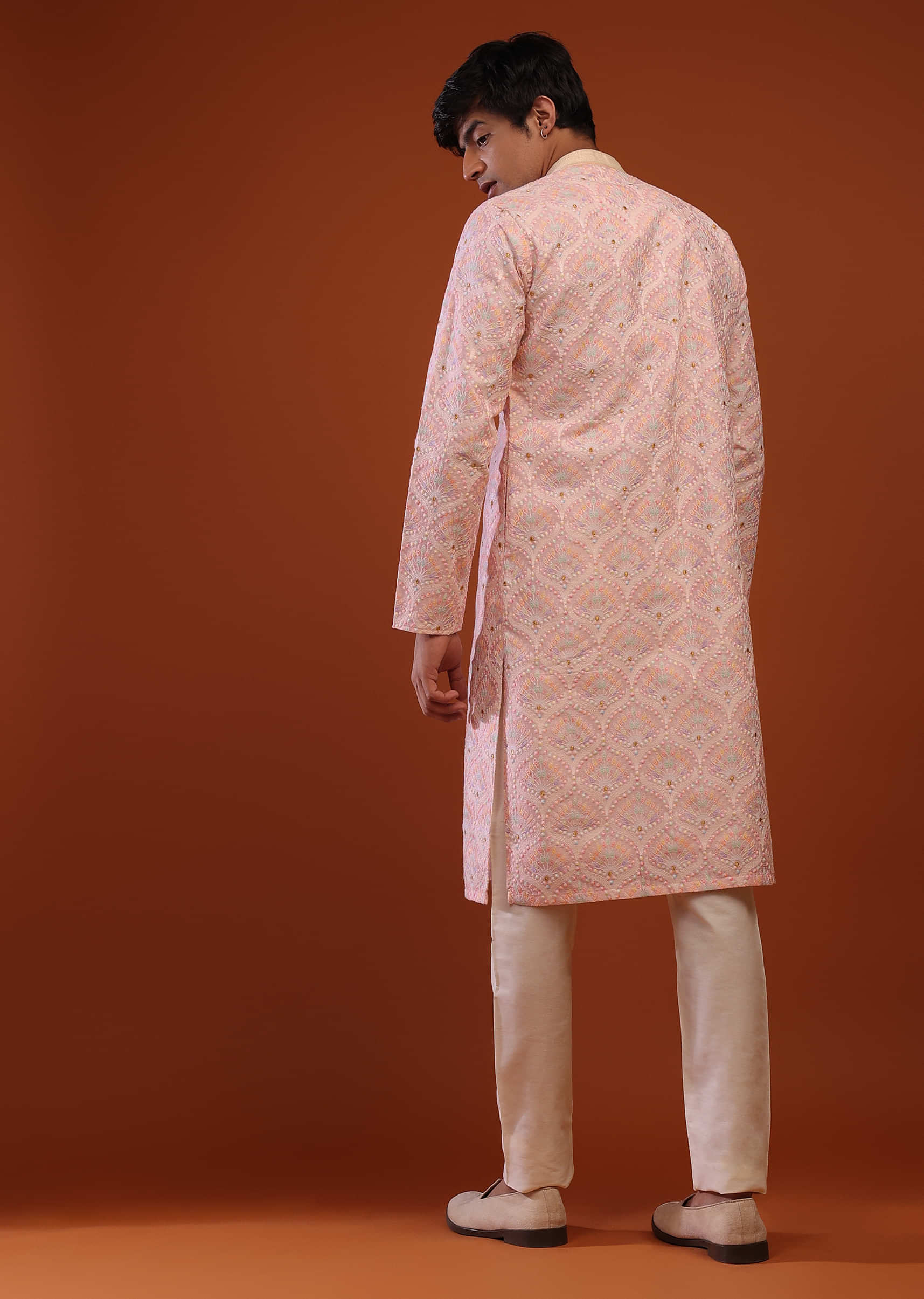 Rosewater Pink Silk Lucknowi Kurta Set In Multi-Color, Thread Work And Embroidery Buttis