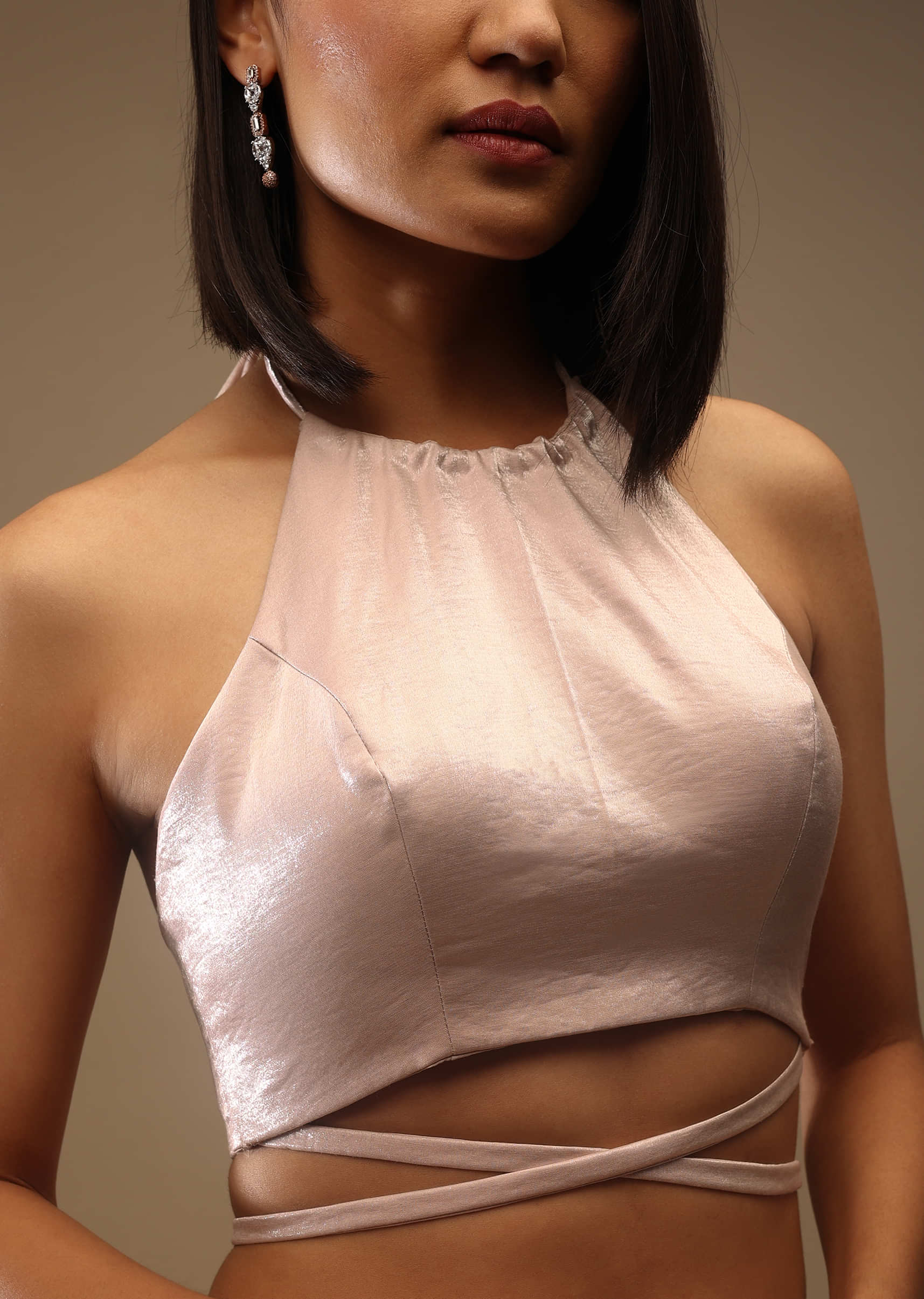 Rosewater Satin Halter Neckline Blouse With A Back Tie-Up.