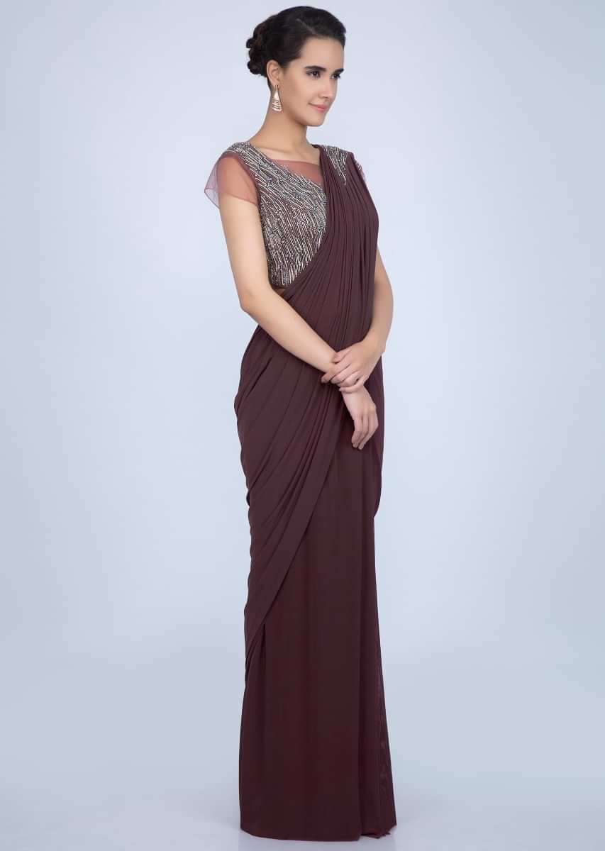 Rosewood Brown Saree In Lycra Net With Ready Pleats And Draped Pallu Online - Kalki Fashion