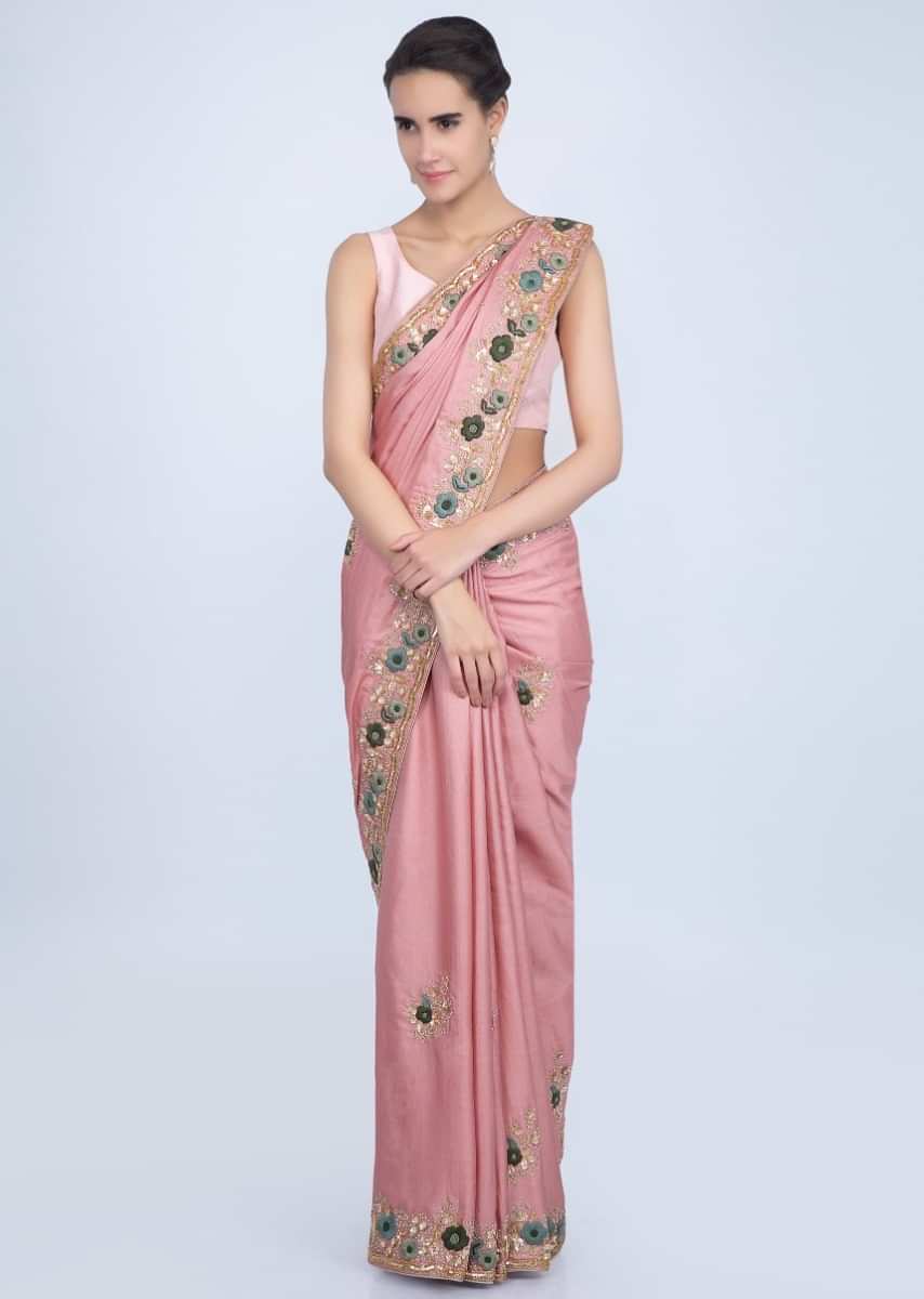 Rosewood pink cotton silk saree in hand embroidered butti and border only on Kalki