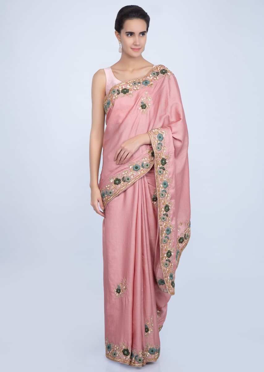 Rosewood pink cotton silk saree in hand embroidered butti and border only on Kalki