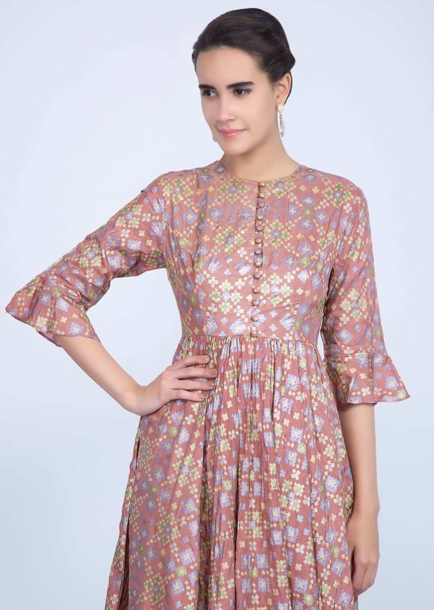 Rosewood pink foil printed anarkali with gathers only on Kalki