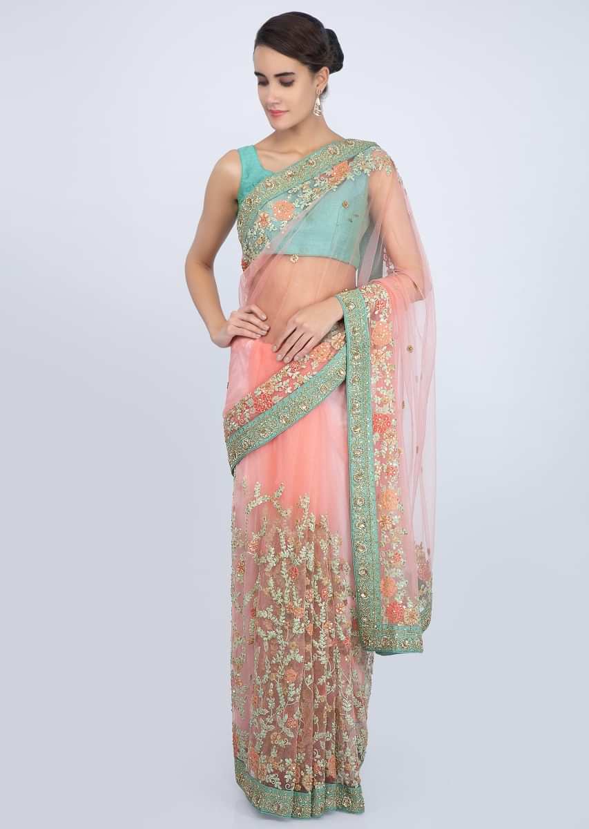 Rouge Pink Net Saree With Embroidered Jaal Work On The Lower Half And Pallo Online - Kalki Fashion