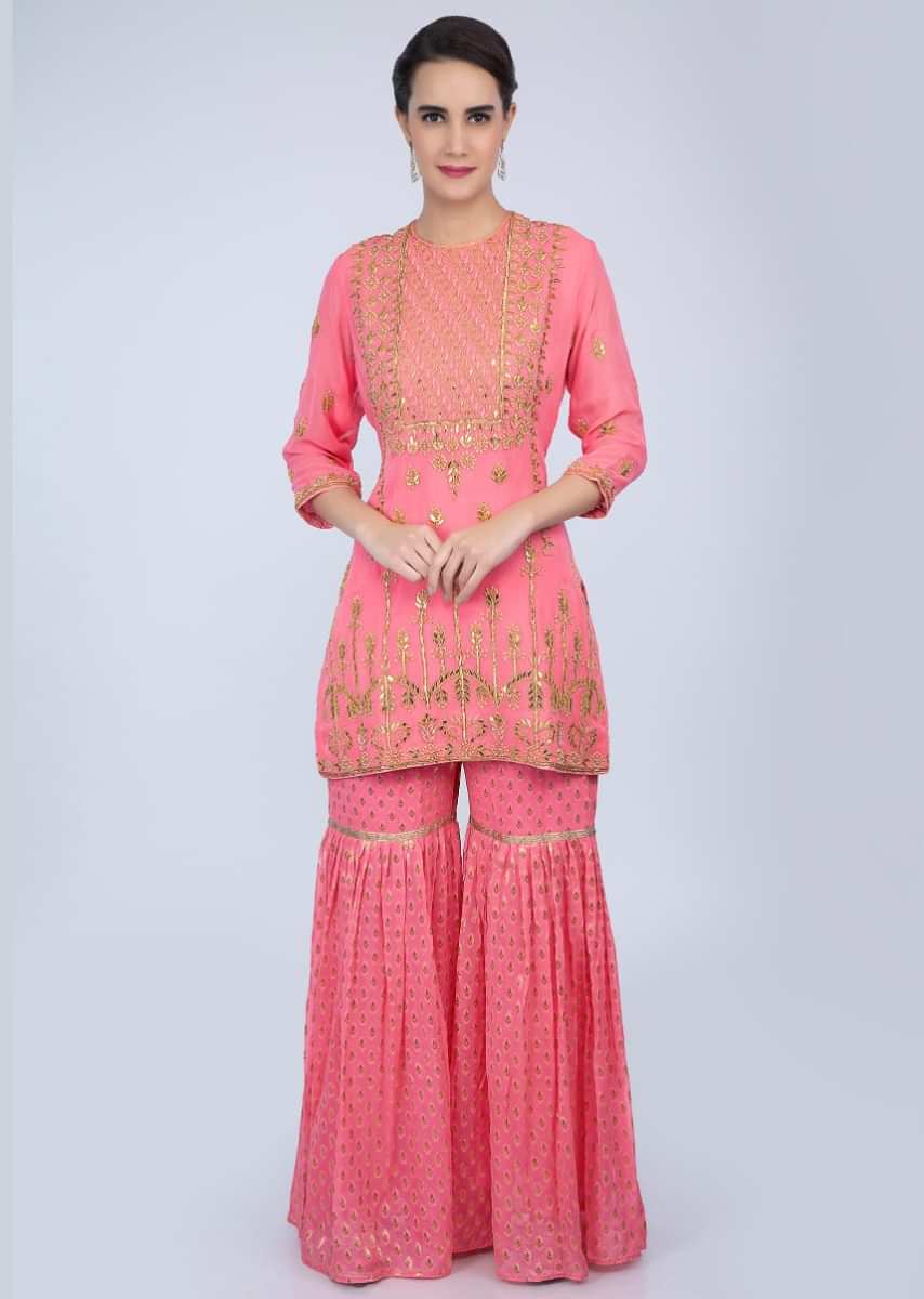 Rouge Pink Sharara Suit Set With Embroidery And Butti Online - Kalki Fashion