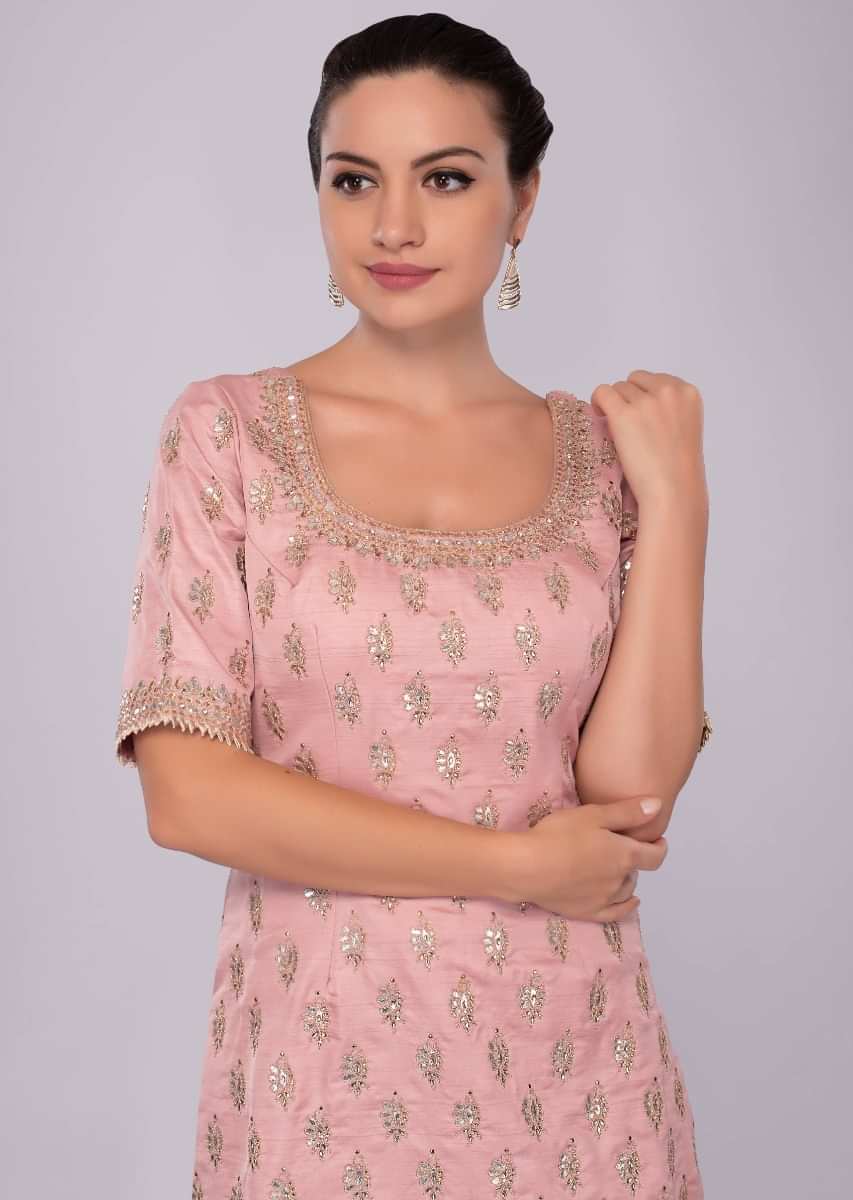 Rouge pink suit and palazzo set in embroidery and butti