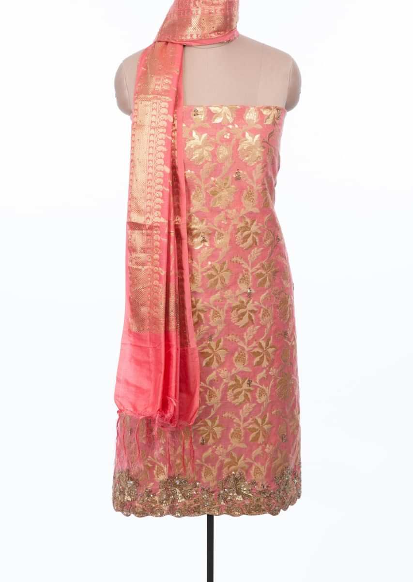 Rouge pink unstitched brocade suit set with satin chiffon dupatta in butti only on Kalki