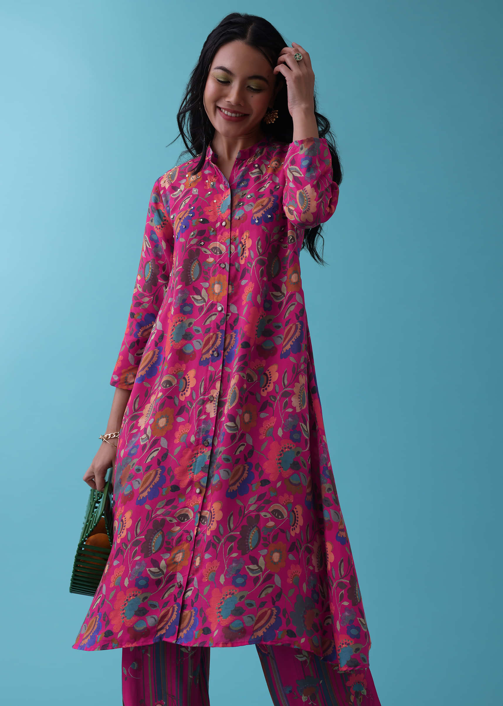 Buy Rouge Pink Floral Printed Co-ord Pant-Kurta Set In Mul Cotton