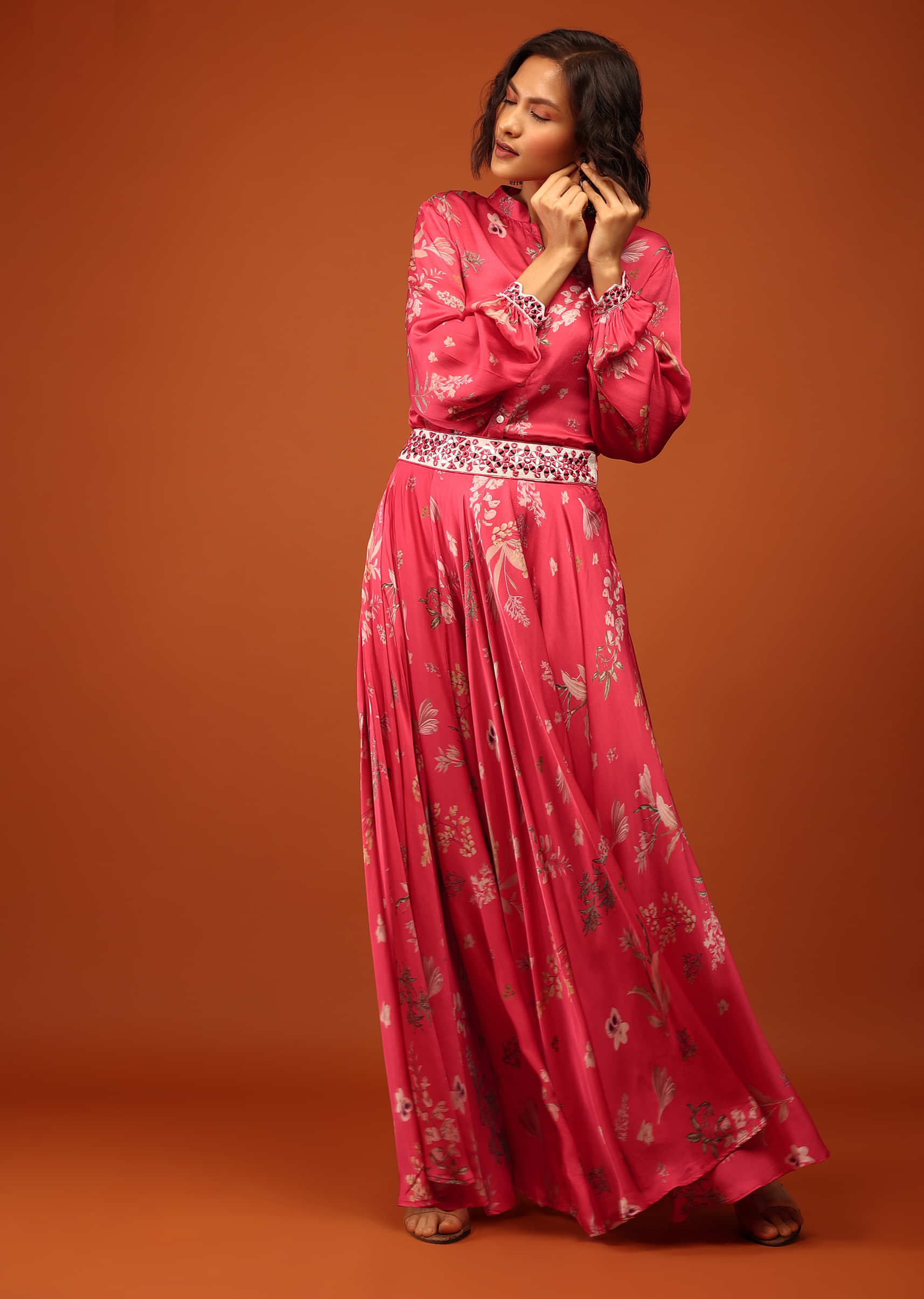 Persian Pink Floral Print Shirt Top & Lehenga With Mirror Embroidery