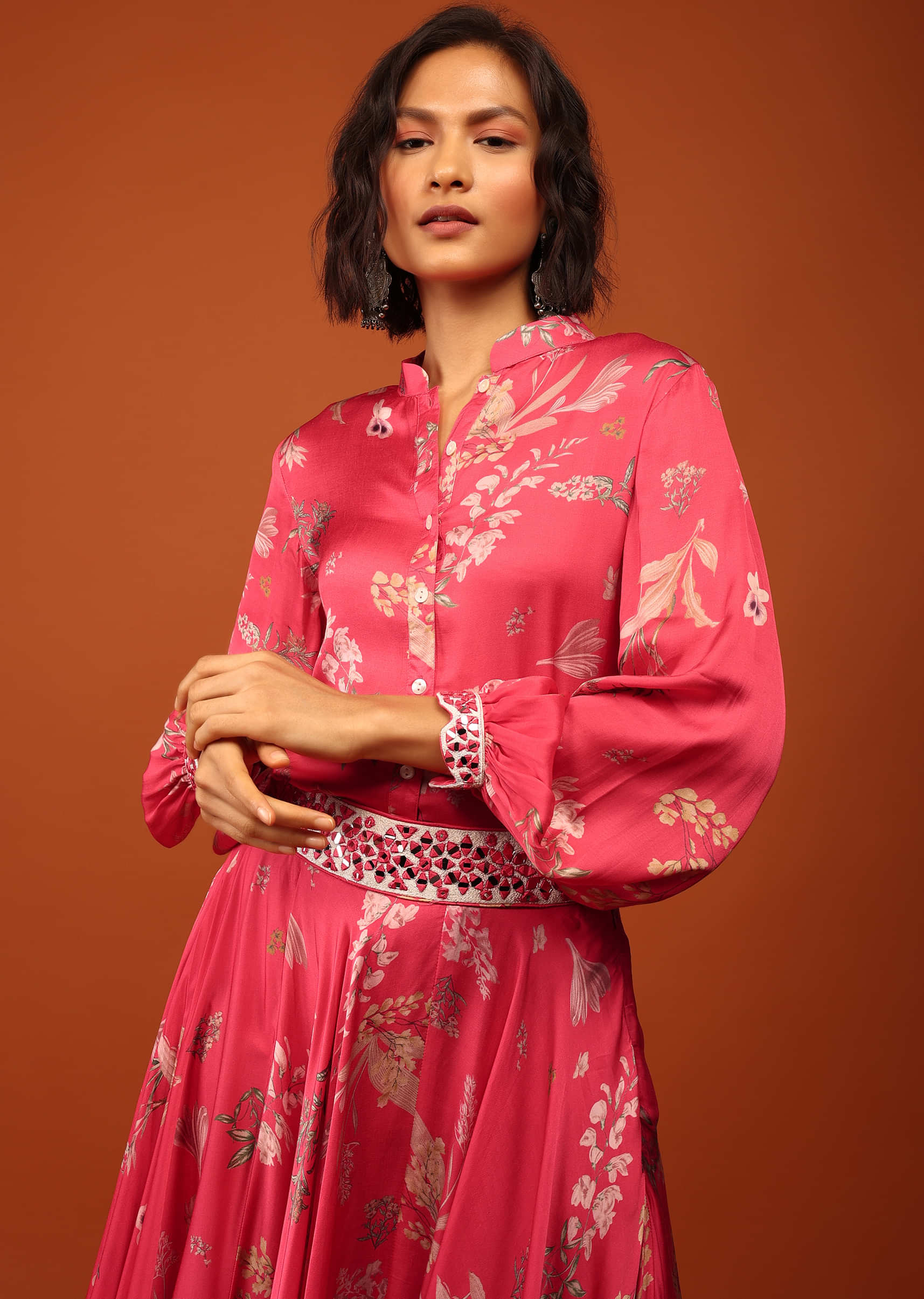 Persian Pink Floral Print Shirt Top & Lehenga With Mirror Embroidery