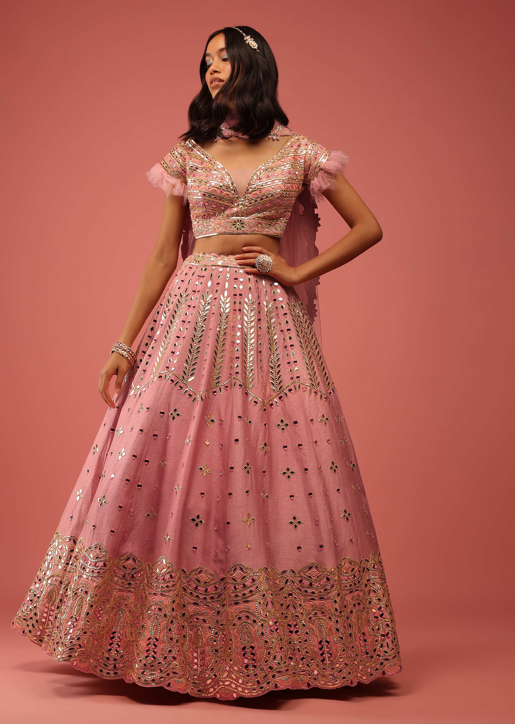 Rouge Pink Lehenga Choli In Raw Silk With Foil Applique And Ruffle Sleeves