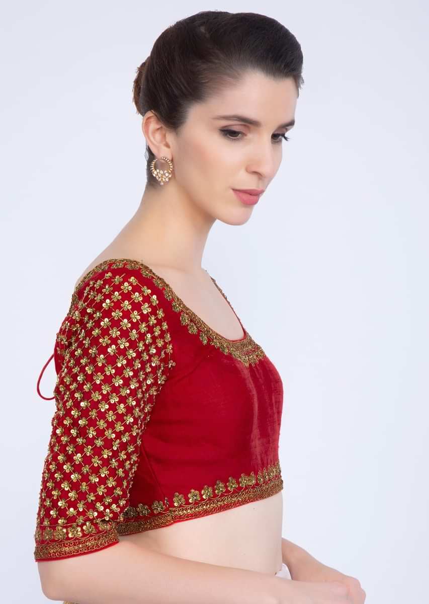 Red Blouse In Raw Silk With Jaal Embroidered Sleeves And Round Neck