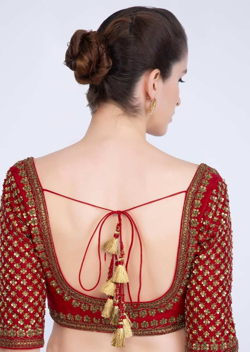 Red Blouse In Raw Silk With Jaal Embroidered Sleeves And Round Neck