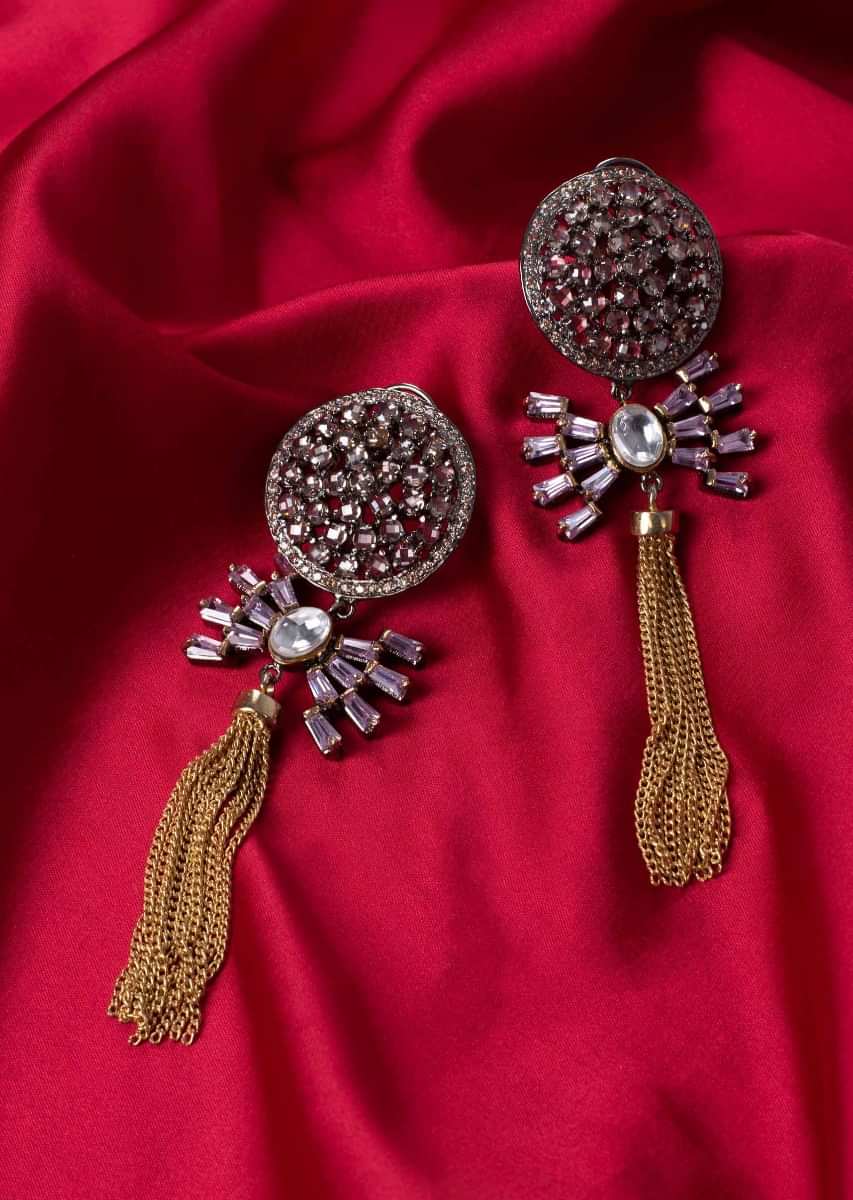 Round stone studded cluster earring with multiple chain string drop only on Kalki