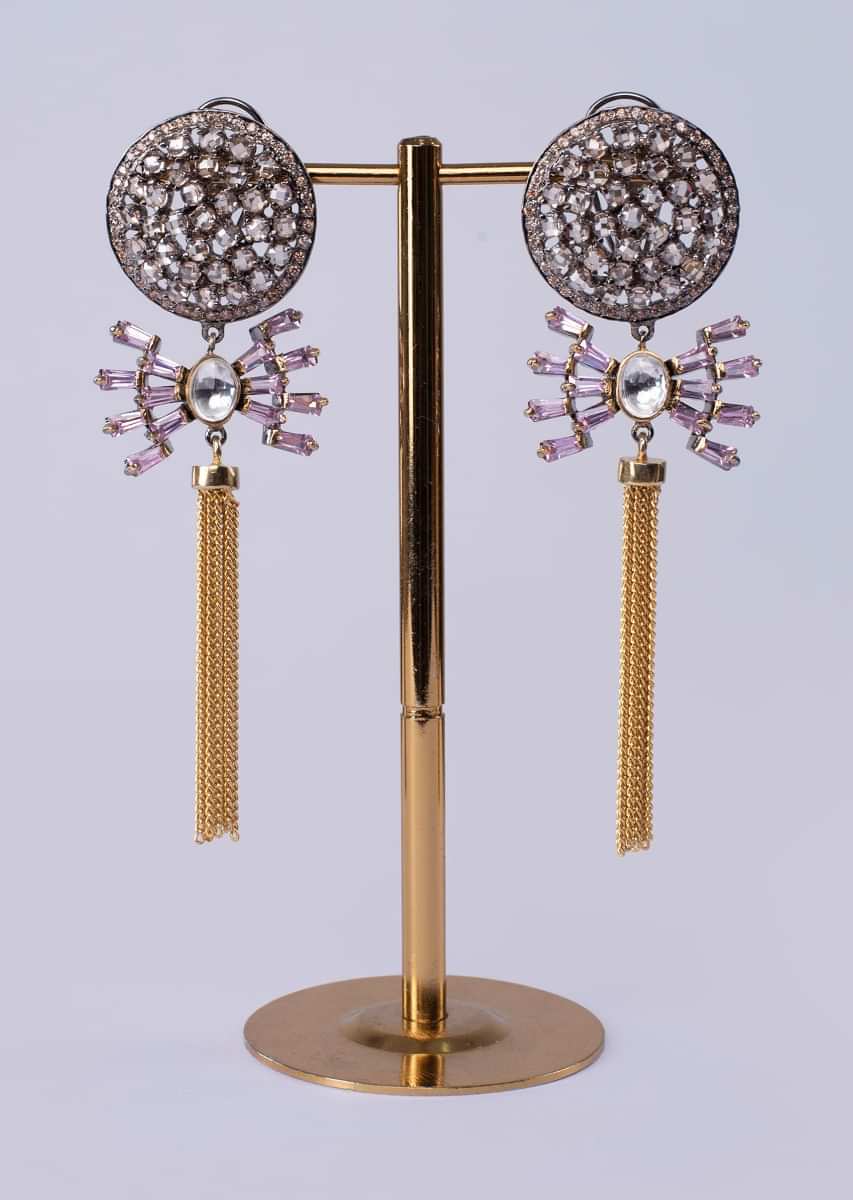 Round stone studded cluster earring with multiple chain string drop only on Kalki