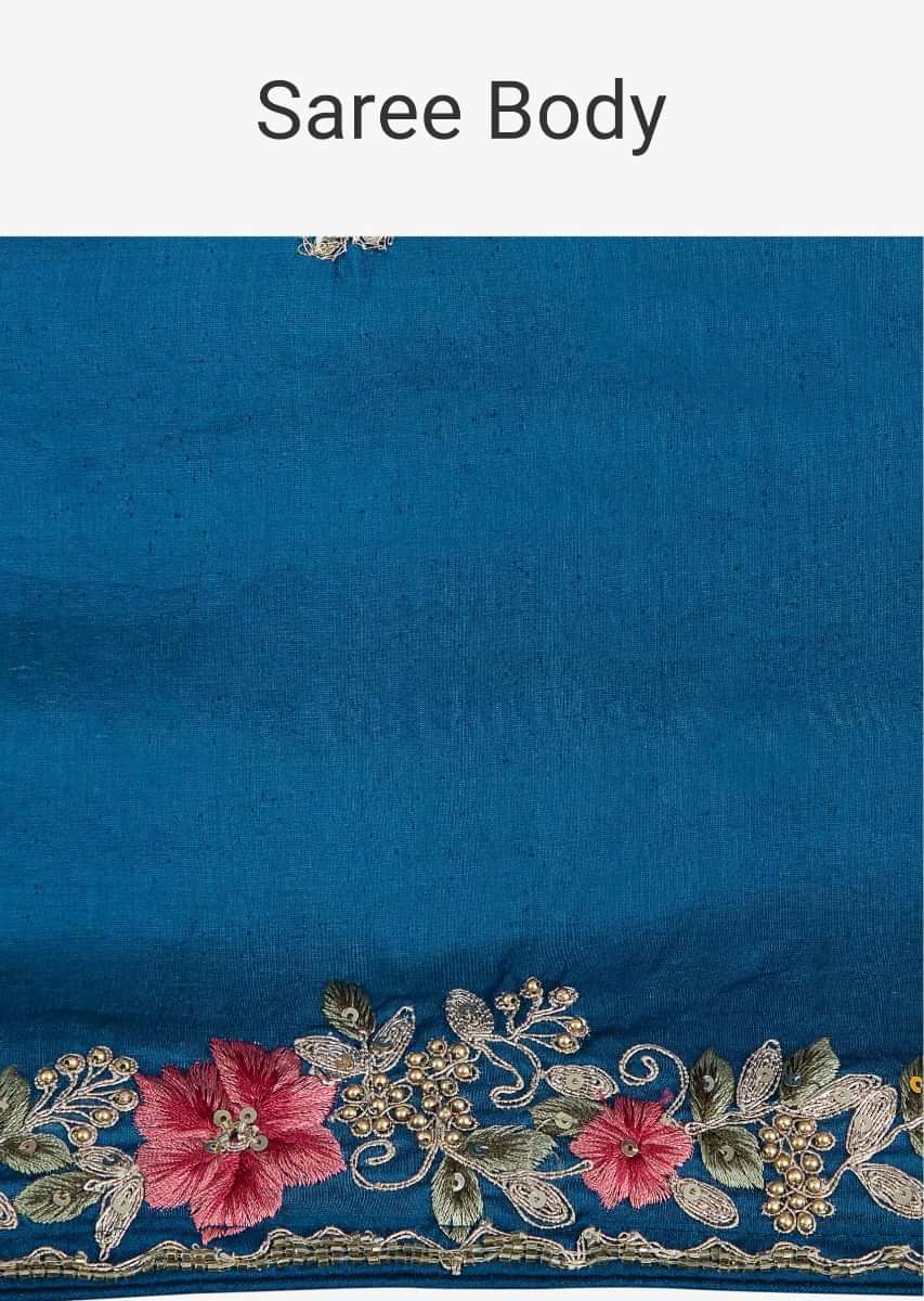 Royal blue dupion silk saree with embroidered butti and border only on Kalki
