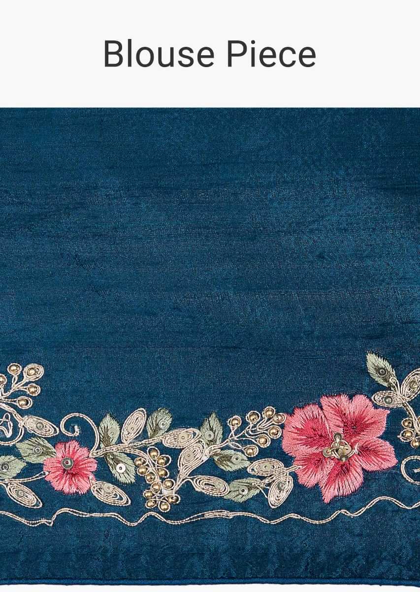 Royal blue dupion silk saree with embroidered butti and border only on Kalki