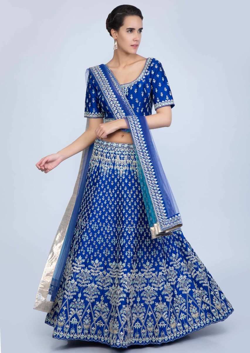 Royal Blue Lehenga Set In Heavy Gotta And Cord Embroidered Raw Silk Online - Kalki Fashion
