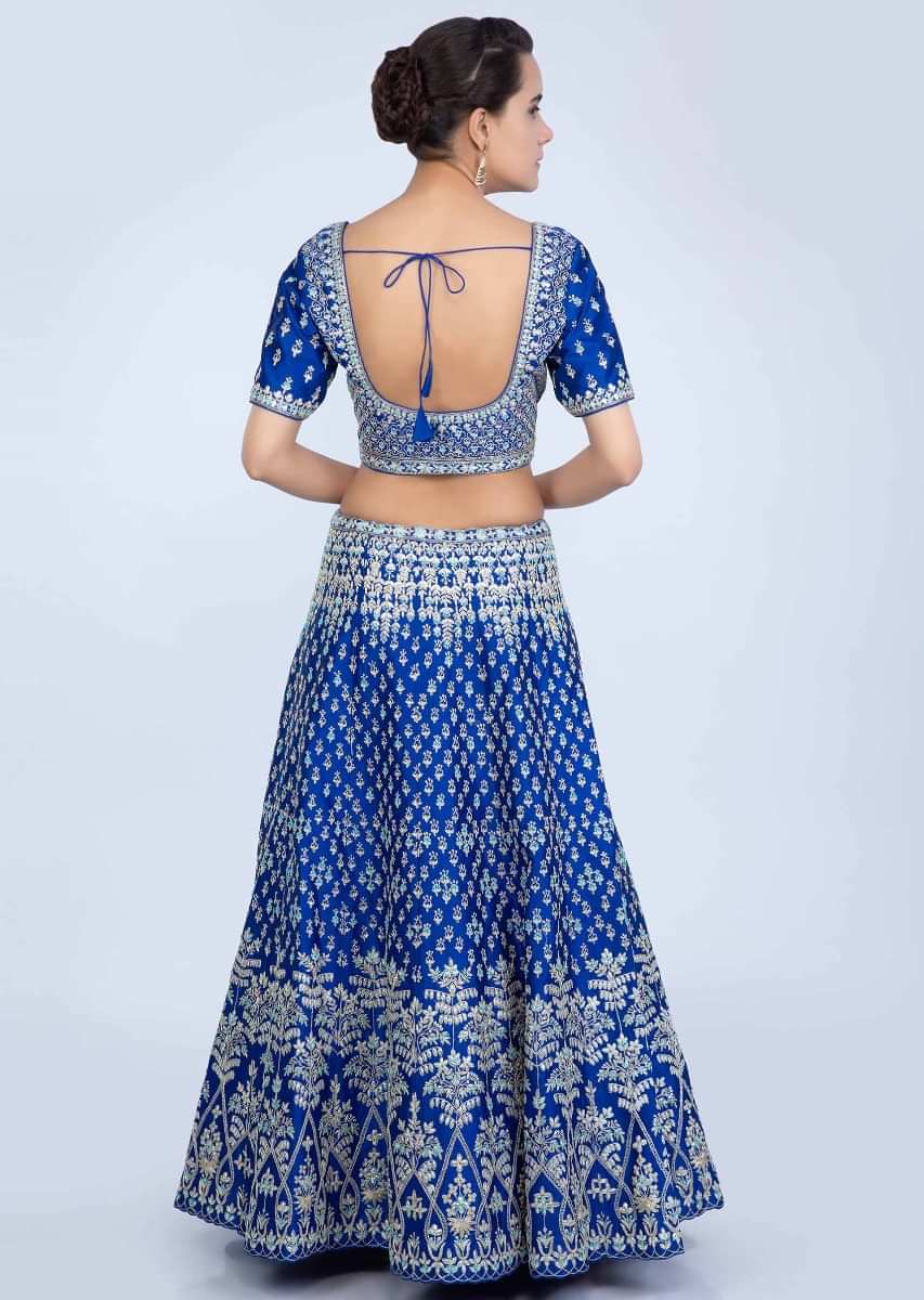 Royal Blue Lehenga Set In Heavy Gotta And Cord Embroidered Raw Silk Online - Kalki Fashion