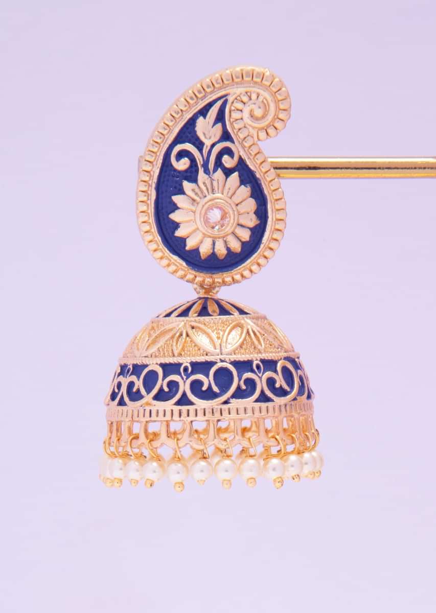Royal blue matte finish jhumkas with golden carving and moti drop only on kalki