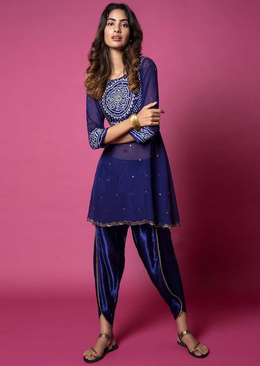 Royal Blue Peplum And Metallic Tulip Pants Featuring Bandhani And Hand Embroidery  