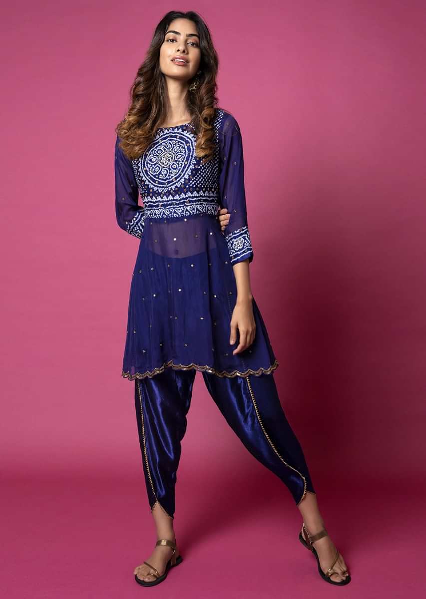 Royal Blue Peplum And Metallic Tulip Pants Featuring Bandhani And Hand Embroidery  