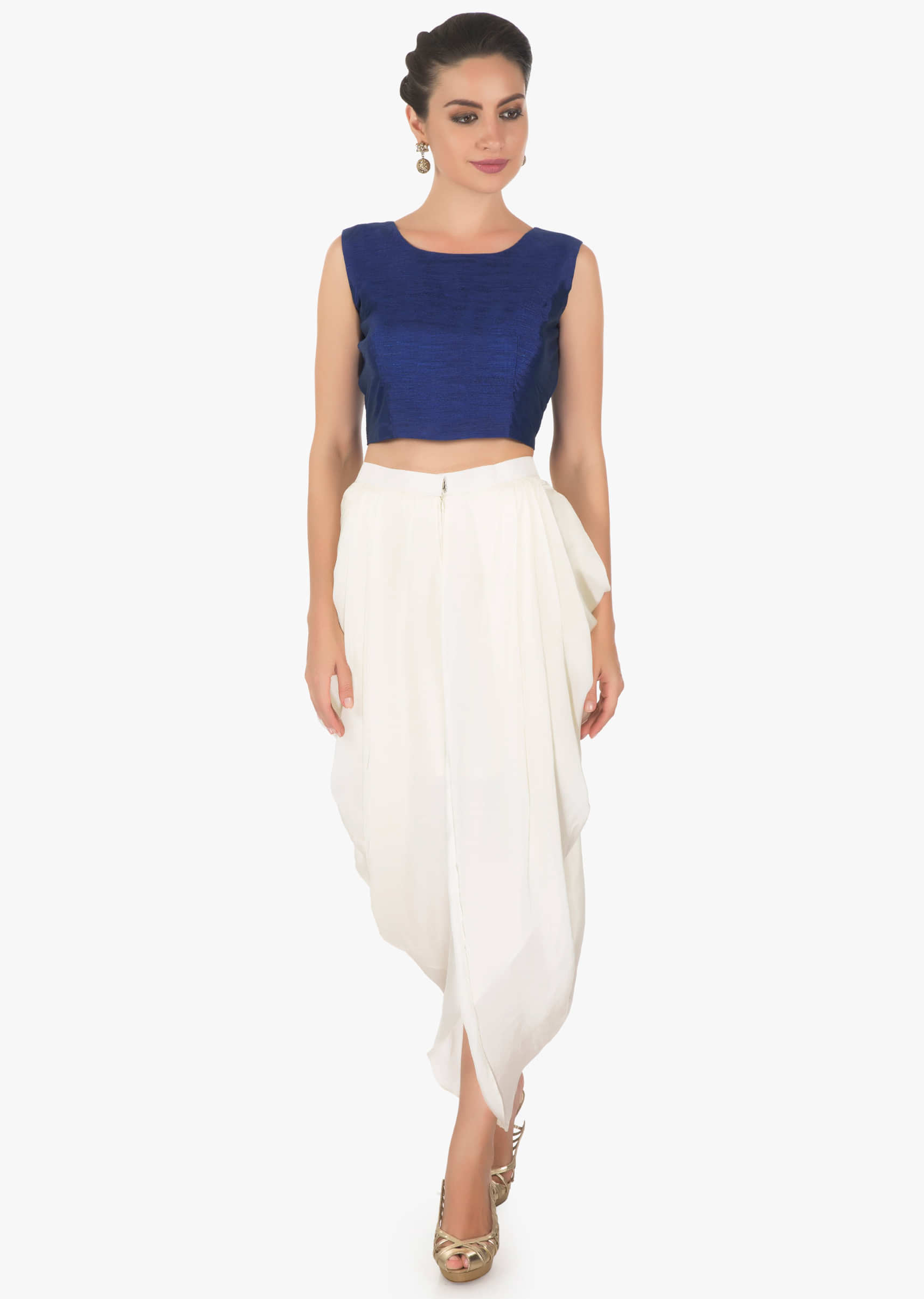 Royal Blue Crop Top In Raw Silk With A Cape Jacket Matched With Fancy Dhoti Pants