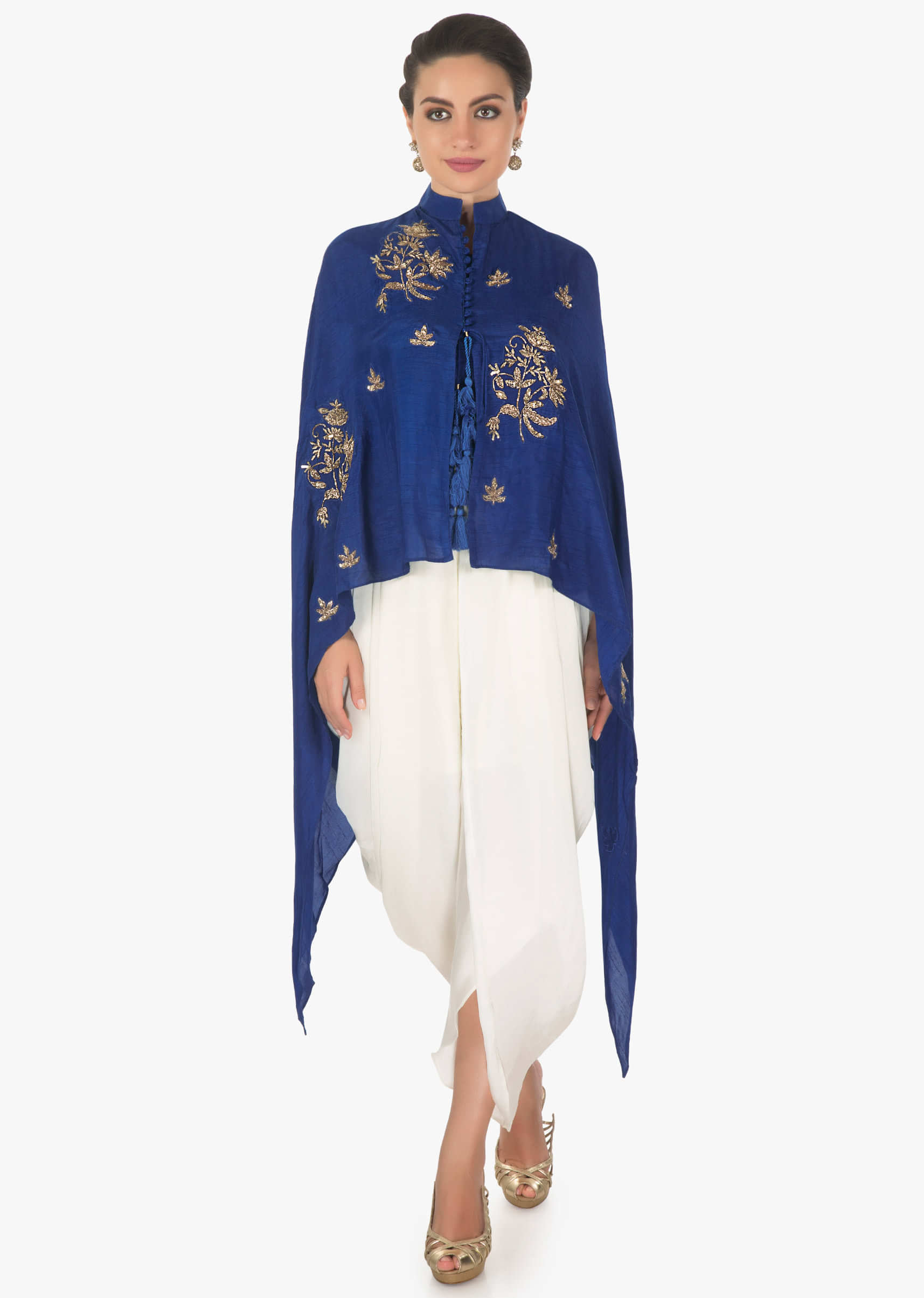 Royal Blue Crop Top In Raw Silk With A Cape Jacket Matched With Fancy Dhoti Pants