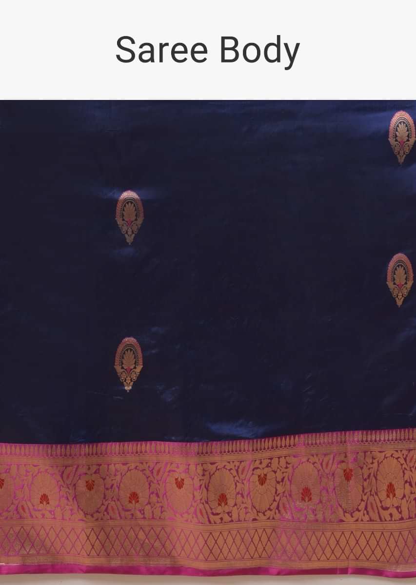 Royal Blue Saree In Pure Handloom Silk With Woven Floral Buttis And Rani Pink Floral Border