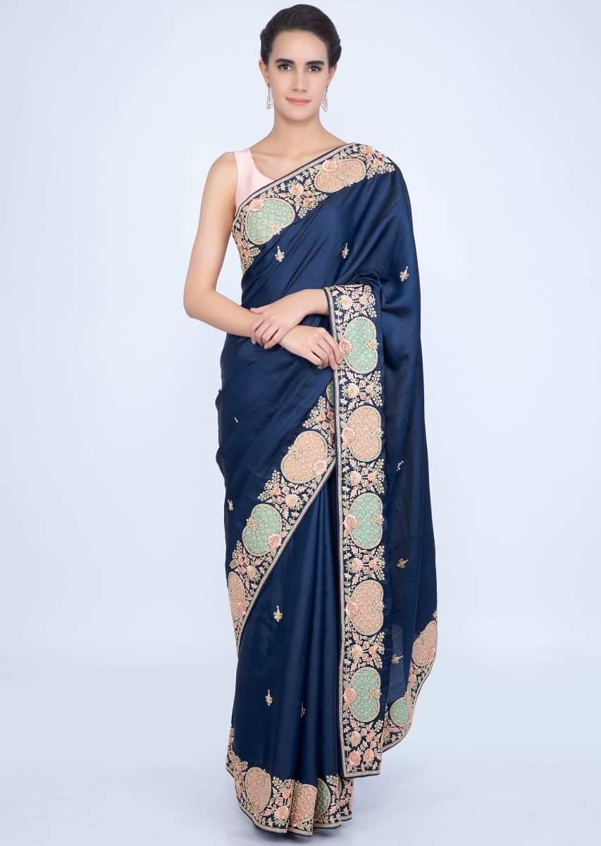 Royal Blue Silk Saree With Embroidered Butti And Border Online - Kalki Fashion